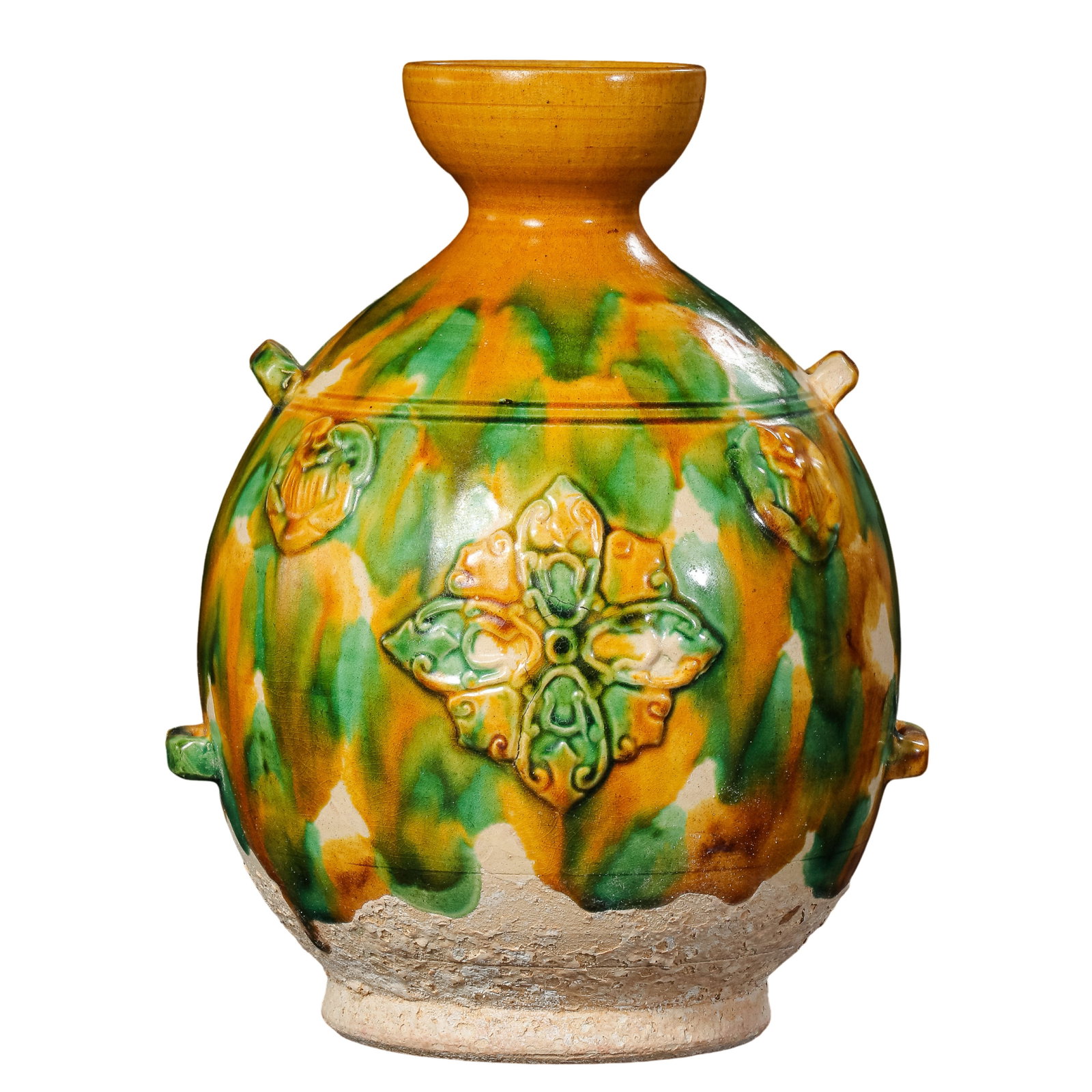 A Rare Tang Dynasty Sancai Glazed Pottery Four-Handle Lidded-Mouth Ewer with Molded Floral (1 of 10)