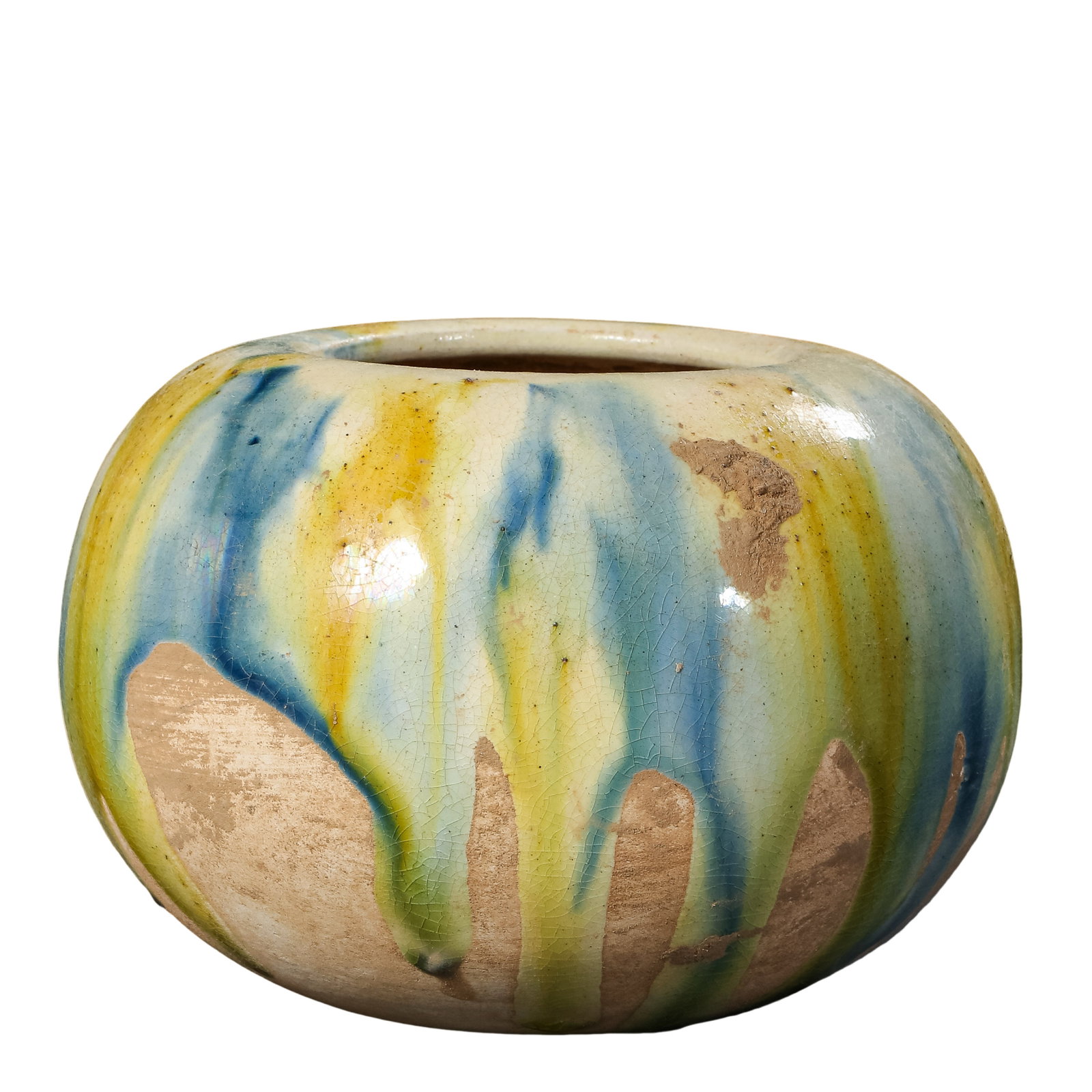 Tang Dynasty (618–907) Rare Sancai Blue, Green and Yellow Splash-Glazed Water Bowl: Dimensions: Height 8 cm (approximately 3.15 inches, approximately 0.26 ft), 7th–8th century?Condition & Provenance: In good condition. The surface preserves natural glaze crazing, with areas of expo