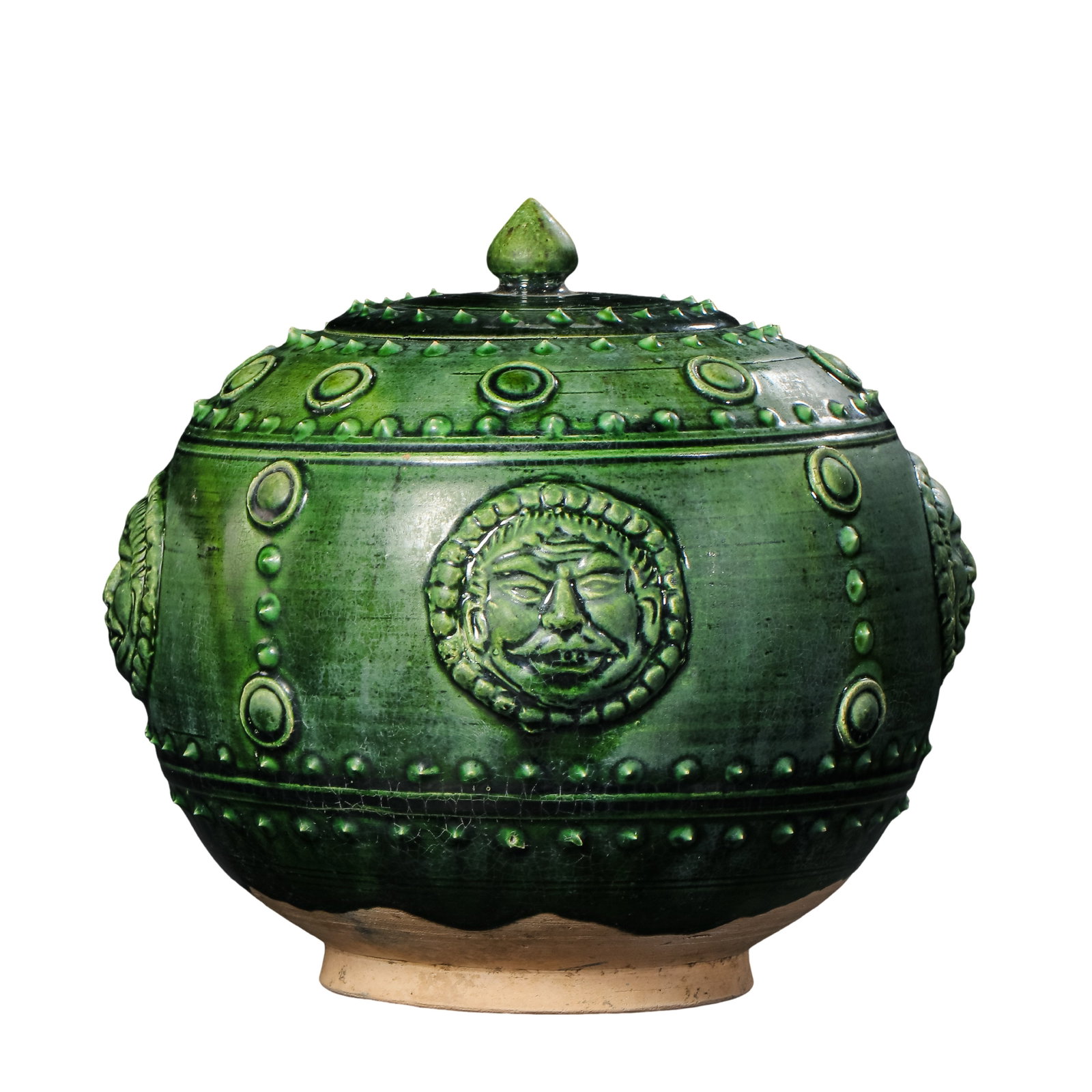 Tang Dynasty (618–907) Green-Glazed Molded Hu Figure Mask and Stud Decoration Covered Jar: Dimensions: Height 18.5 cm (approximately 7.28 inches, approximately 0.61 ft), 7th–8th century?Condition & Provenance: In good condition. The covered jar remains well preserved, with natural glaze c