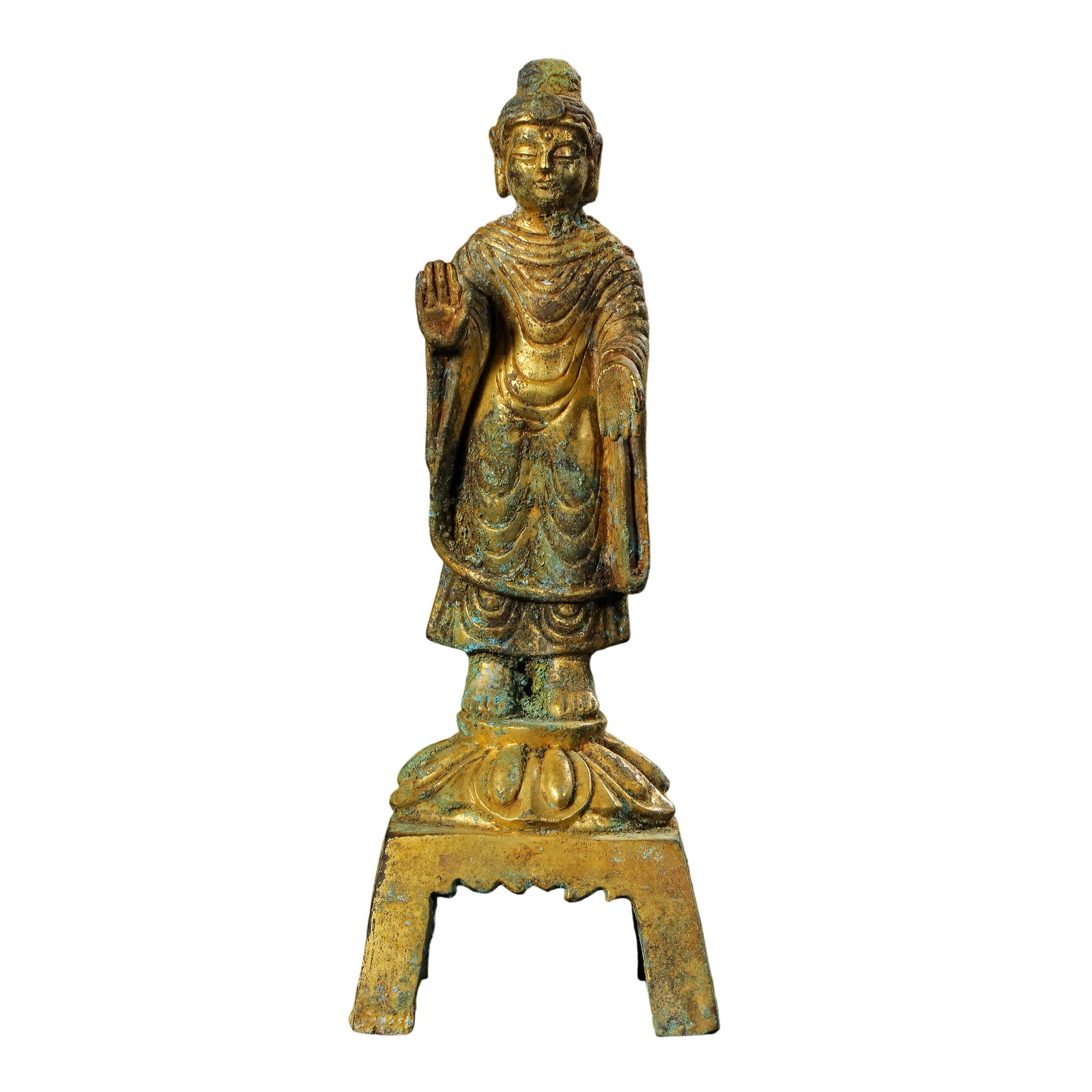 Gilt Bronze Standing Buddha Shakyamuni with Bench-Style Base (Northern Wei to Sui Dynasty, 5th–7th: Dimensions and Weight: Height 16.5 cm (approximately 6.5 inches, 0.54 ft), width 6 cm (approximately 2.4 inches, 0.2 ft); weight 376 g. Northern Wei to Sui Dynasty 5th–7th century gilt bronze Buddhi