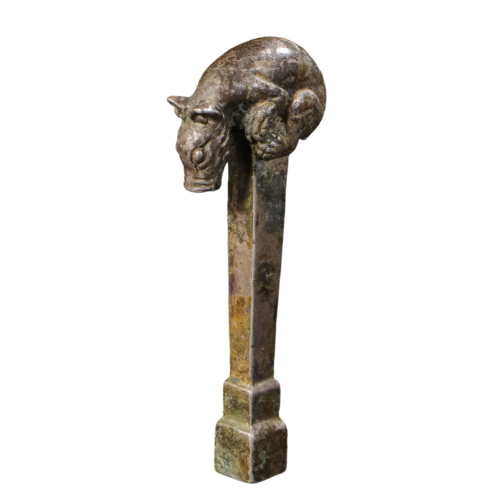 Bronze Reclining Beast Staff Finial (Tiger-Form Staff Head): Dimensions and Weight: Height 7 cm (2.76 in, 0.23 ft), Width 2.8 cm (1.10 in, 0.09 ft), Weight 51 g; Warring States to Han Dynasty, circa 3rd century BCE–3rd century CE?Condition and Provenance: The