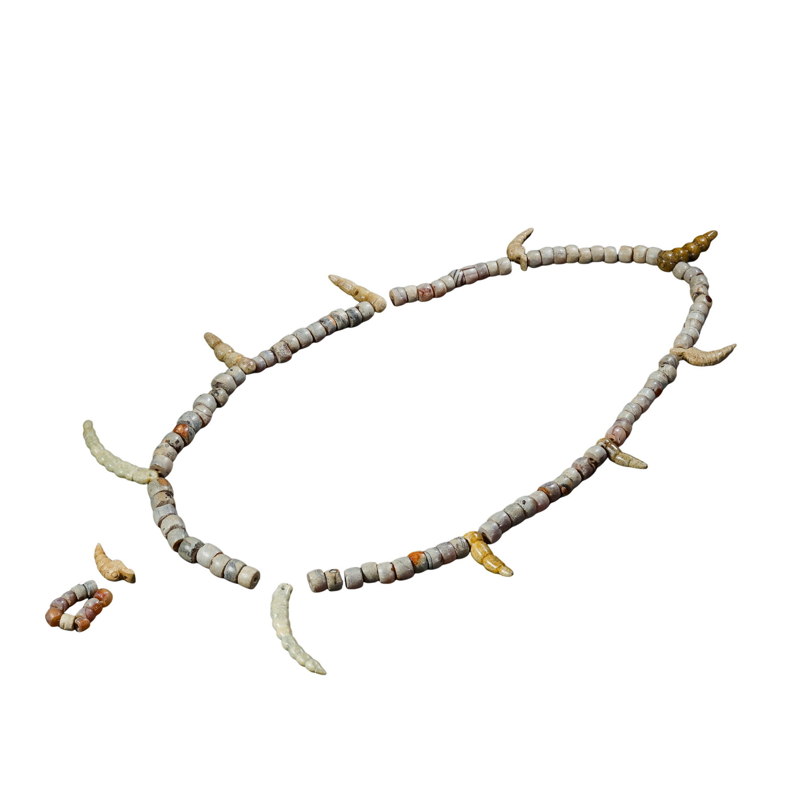 Pre-Qin Hetian Jade and Agate Multi-Component Ritual Pendant Set (Ancient Jade Group Pendant): Dimensions and Weight: Overall assembled length approximately 70 cm (27.56 in, 2.30 ft), longest jade silkworm pendant approximately 7 cm (2.76 in, 0.23 ft), jade xi-shaped pendants and small ornament