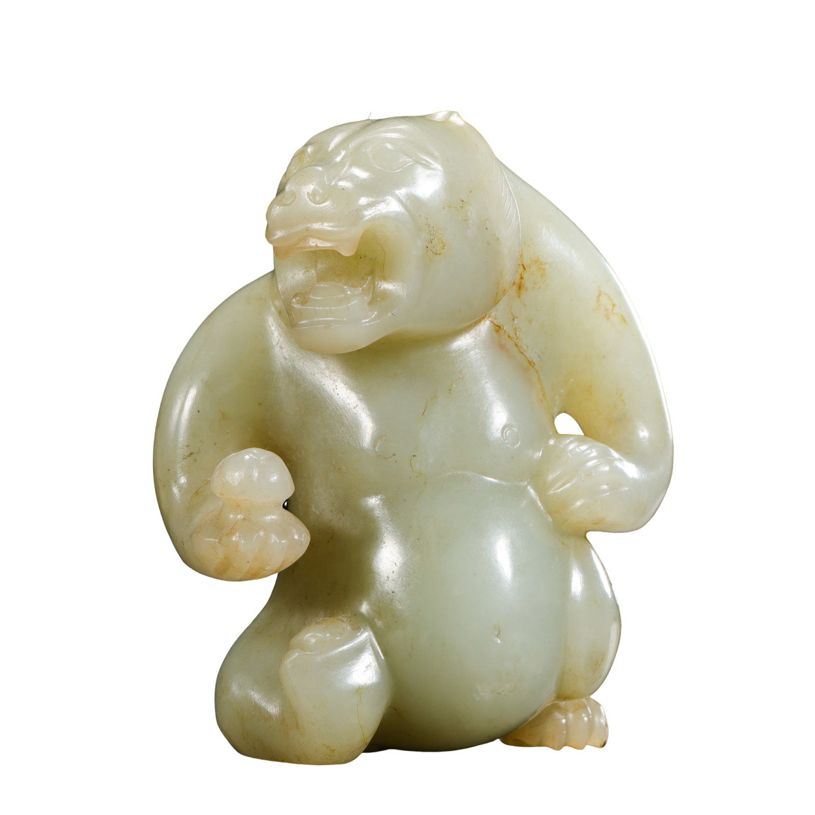 Carved Hetian Celadon-White Jade Bear Sculpture (Ancient Jade Bear) Period: Han Dynasty (206: Dimensions and Weight: Height 8 cm, Width 6.5 cm (approx. 3.15 in H × 2.56 in W; approx. 0.26 ft H × 0.21 ft W), Weight 240 g?Condition and Provenance: Overall well preserved with a warm jade surfac