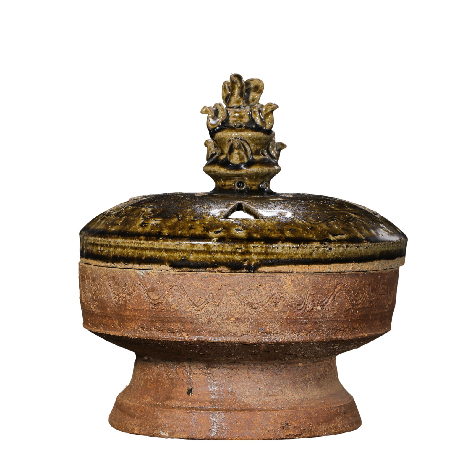 Proto-Celadon Brown Glazed Incense Burner with Molded Lotus Finial and Openwork Cover (Eastern Han: Dimensions: Height 21 cm, Diameter 19.5 cm (approx. 8.27 in H × 7.68 in diameter; approx. 0.69 ft H × 0.64 ft diameter)?Condition and Provenance: The incense burner is preserved in good overall cond