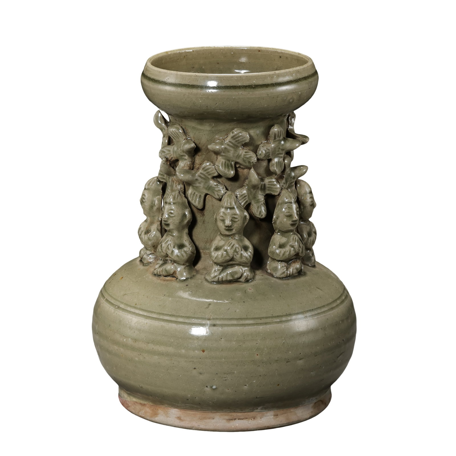Yue Kiln Celadon Ritual Vessel with Applied Figures and Flying Birds (Eastern Han to Three Kingdoms: Dimensions: Height 23.2 cm (approximately 9.1 inches, approximately 0.76 feet); Eastern Han to Three Kingdoms Period, circa 2nd–3rd century Yue celadon ware?Condition & Provenance: The piece remains
