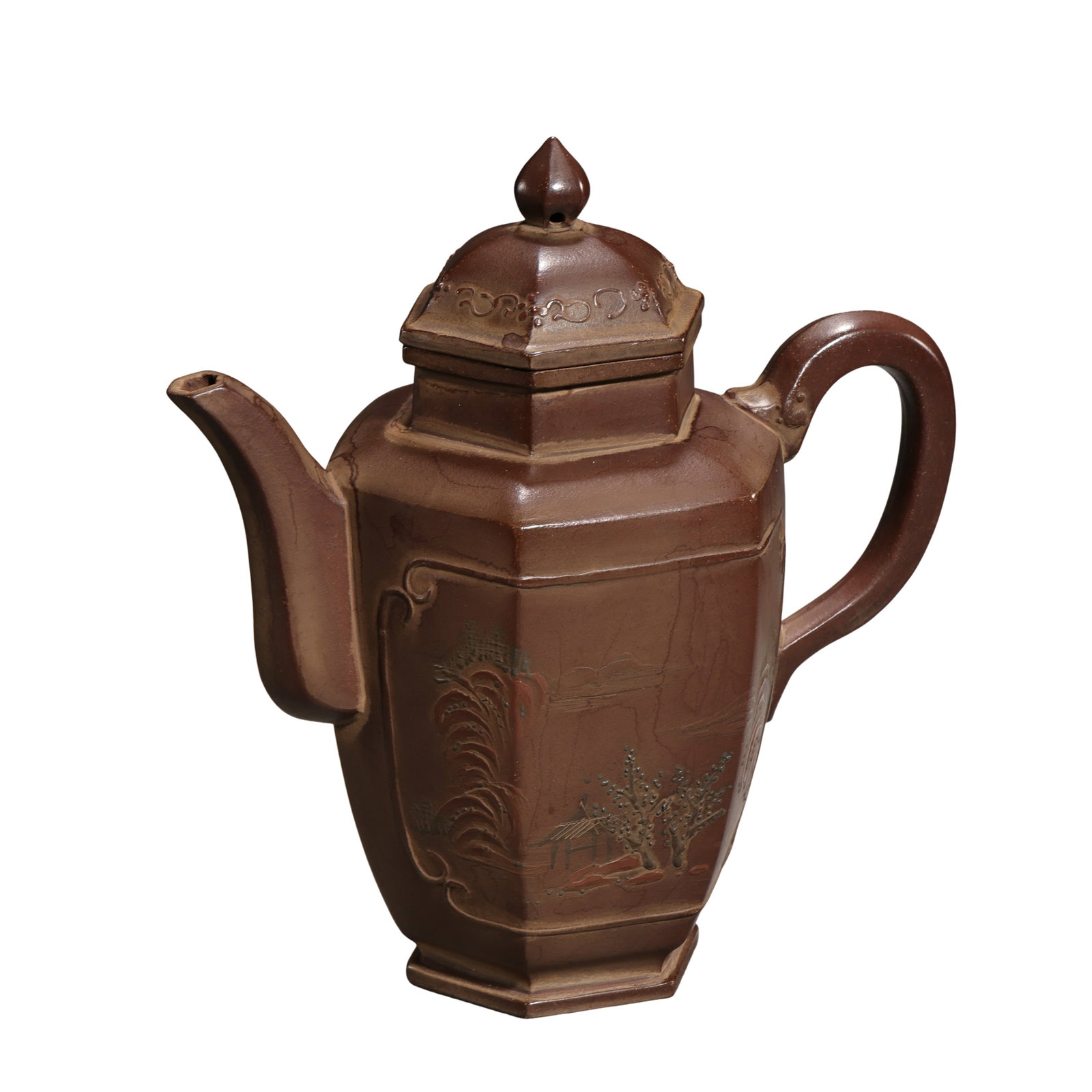 Qing Dynasty Yixing Zisha Teapot by Xu Feilong with Hexagonal Form, Landscape Decoration and (1 of 10)