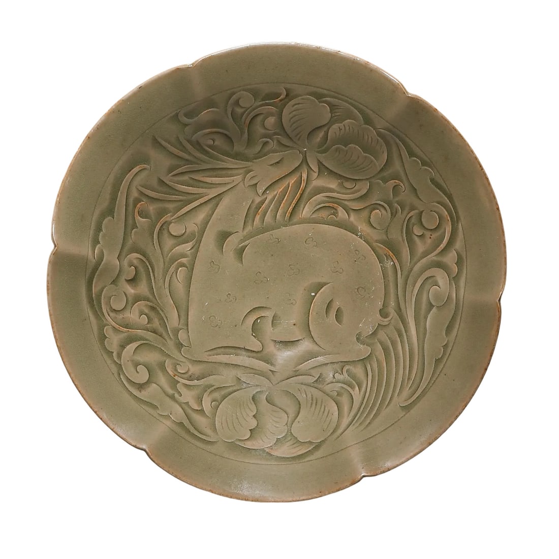 Northern Song Dynasty Yaozhou Kiln Celadon Carved Deer Design Six-Lobed Flower-Shaped Dish (1 of 6)