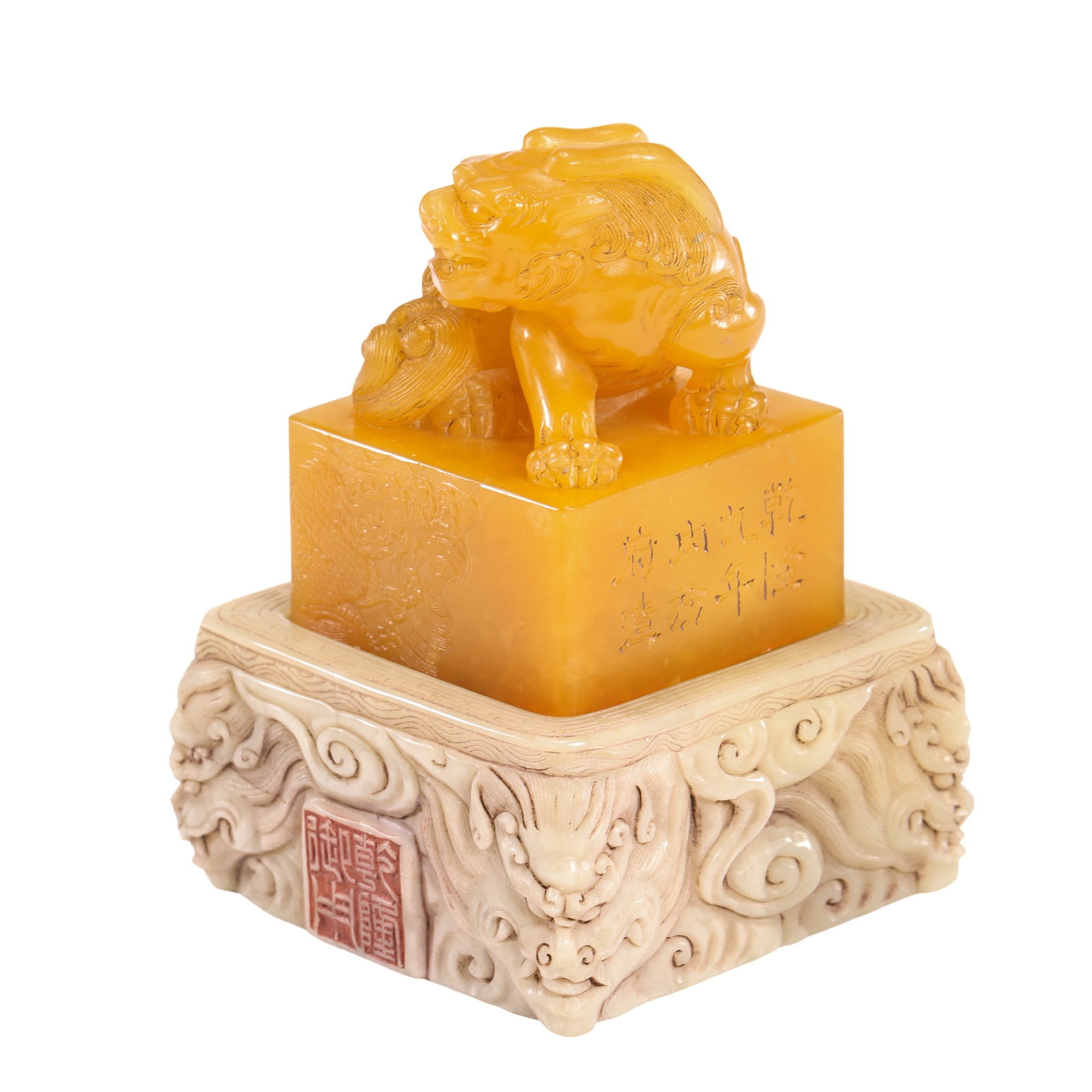 Qing Dynasty Qianlong Period Tianhuang Stone Seal with Auspicious Mythical Beast Finial, Together: Dimensions & Weight: Seal: 6.5 cm L × 6.5 cm W × 9 cm H, weight 488 g (approx. 2.6 × 2.6 × 3.5 in, weight approx. 1.08 lbs; approx. 0.21 × 0.21 × 0.30 ft). Seal box: approx. 9 × 9 cm (approx. 3