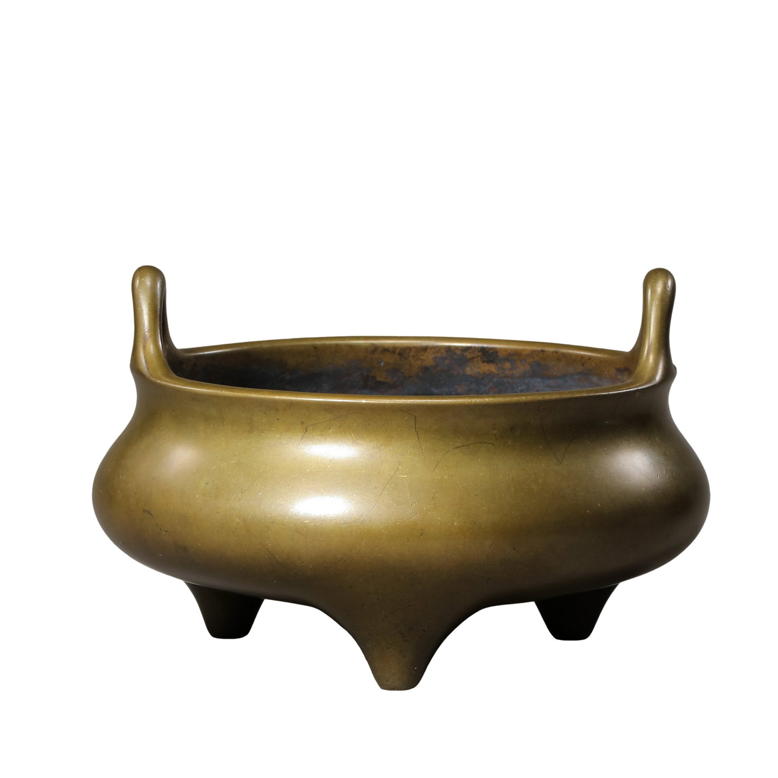 Ming Dynasty Xuande Period Bronze Tripod Incense Burner with Upright “Chongtian?? Ears, Bearing a: Dimensions & Weight: Approx. 8.5 cm H × 13.5 cm W, weight 972 g (approx. 3.3 in H × 5.3 in W, weight approx. 2.14 lbs; approx. 0.28 ft H × 0.44 ft W), Ming Dynasty Xuande Period (15th Century)?Cond
