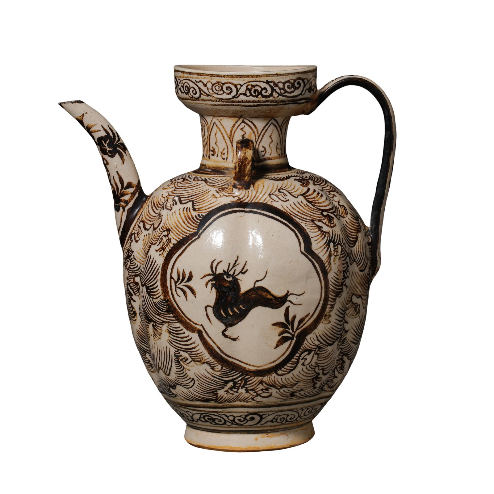 Northern Song Dynasty Cizhou Kiln White-Ground Brown Painted Ewer with Sea Waves and Auspicious (1 of 11)