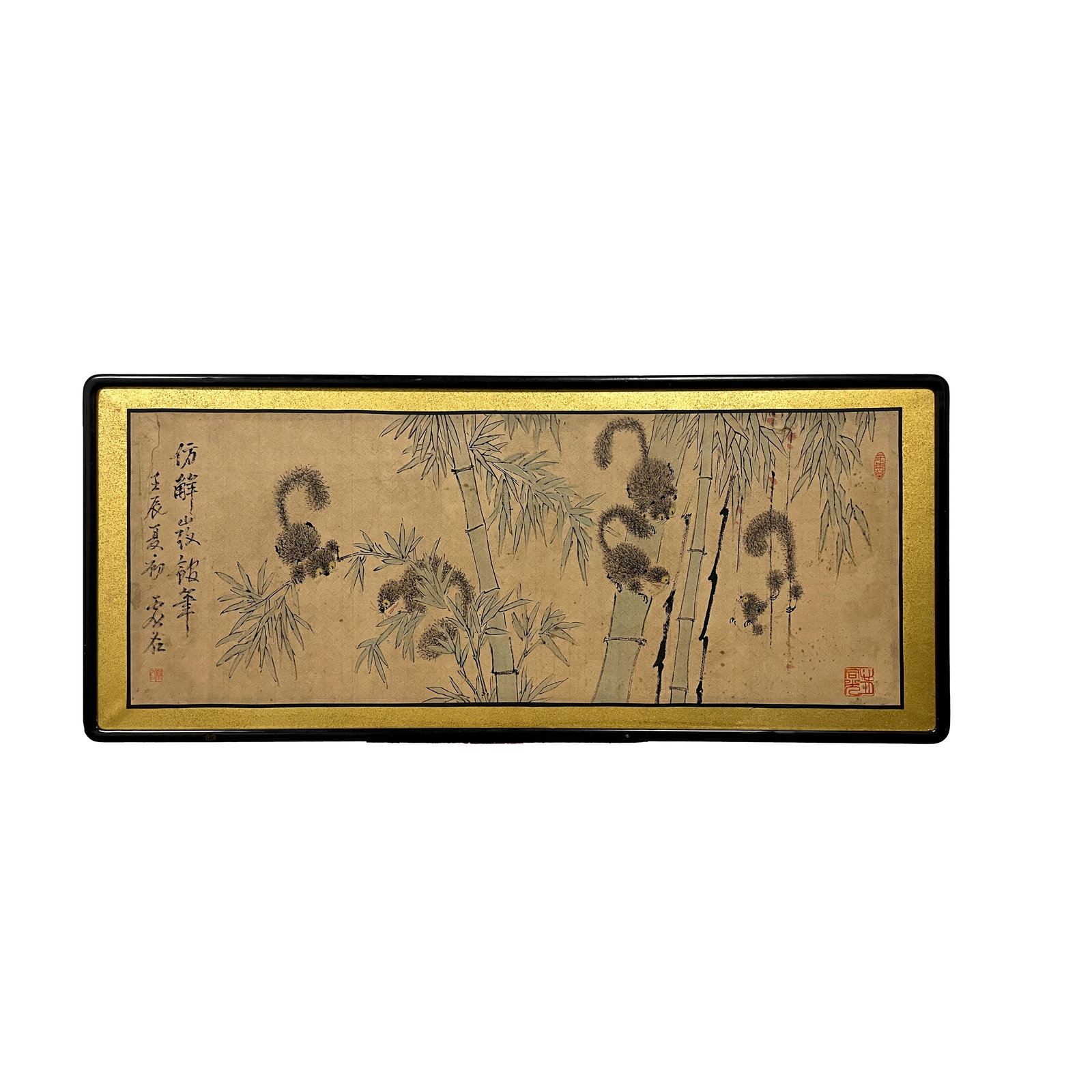 Ink and Color Painting of Bamboo Grove with Squirrels, After the Style of Jie Shanmu, Framed: Dimensions: Approx. 105.5 cm in length and 45 cm in width (approx. 41.5 in length and 17.7 in width; approx. 3.46 ft length and 1.48 ft width), 20th Century?Condition & Provenance: The painting is pre