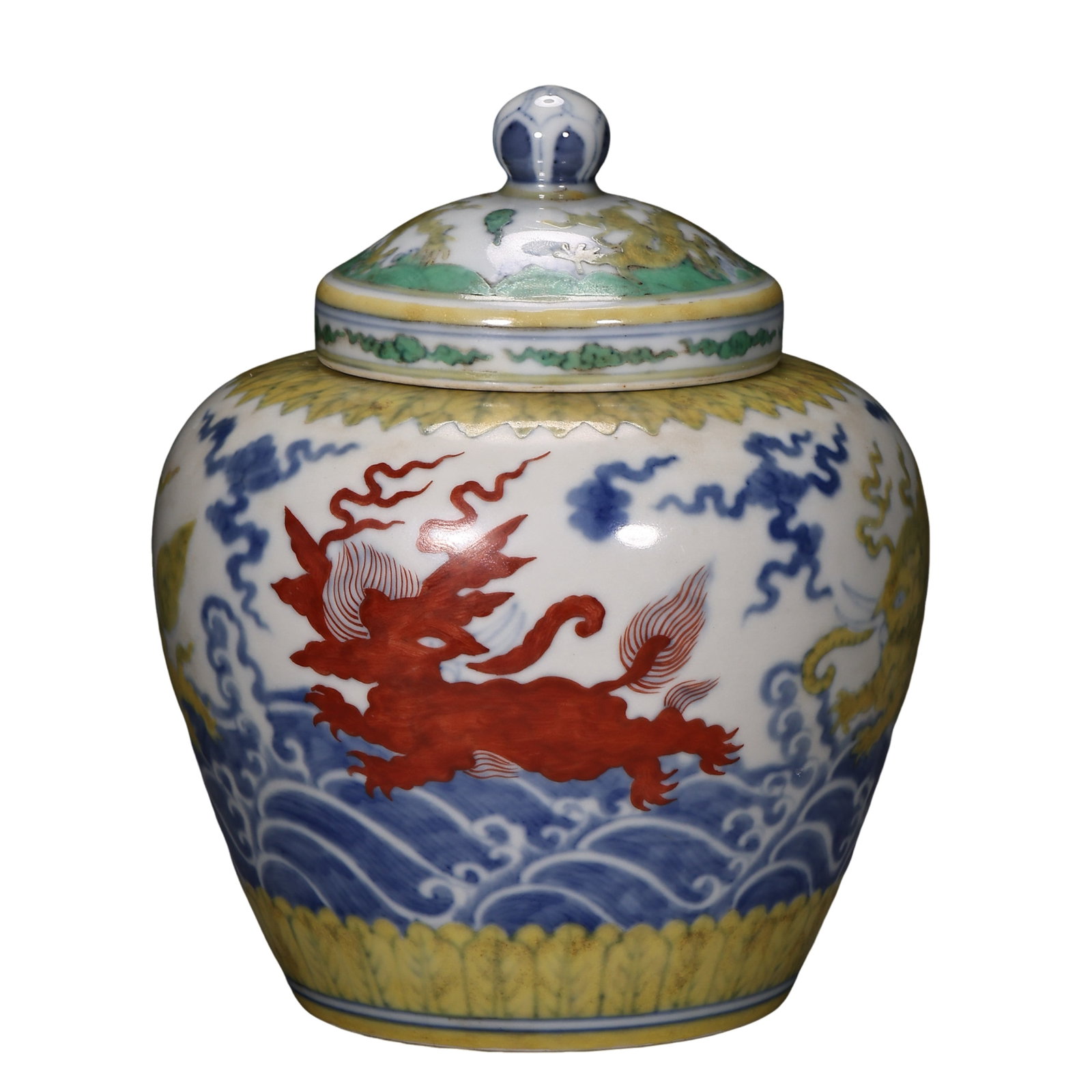 Ming Dynasty Xuande Period Blue and Polychrome “Tian?? Marked Sea Wave and Mythical Beast Covered: Dimensions: Approx. 17.5 cm in height and 8 cm in rim diameter (approx. 6.9 inches in height and 3.1 inches in rim diameter; approx. 0.57 feet in height and 0.26 feet in rim diameter), 15th Century Mi