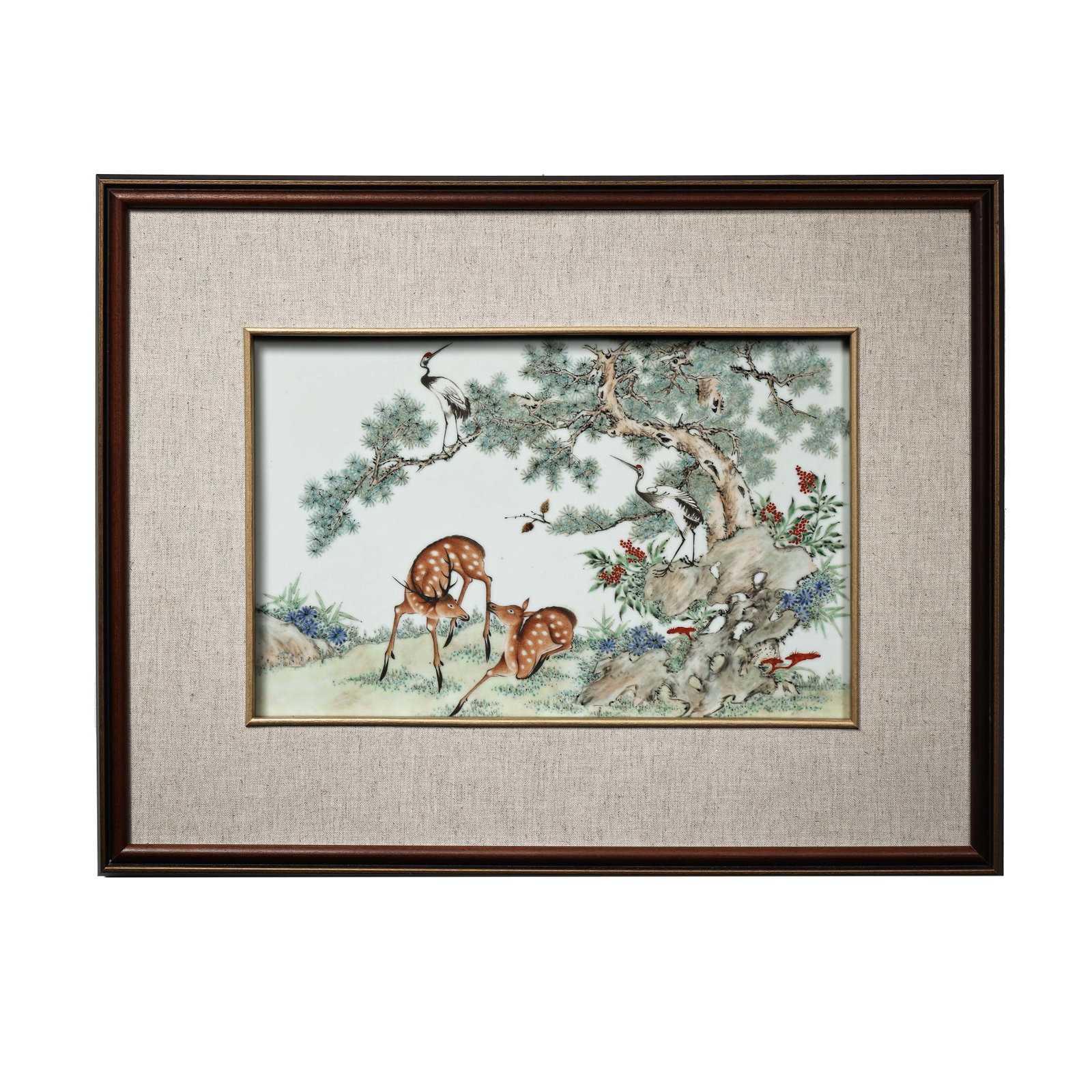 Republic Period (20th Century) Famille Rose Porcelain Plaque Painting with Pine Trees, Cranes and: Dimensions: Length 57 cm × Height 44 cm (approx. 22.4 × 17.3 inches; approx. 0.57 × 0.44 feet), 20th Century?Condition and Provenance: The porcelain plaque is well preserved with a smooth glaze sur