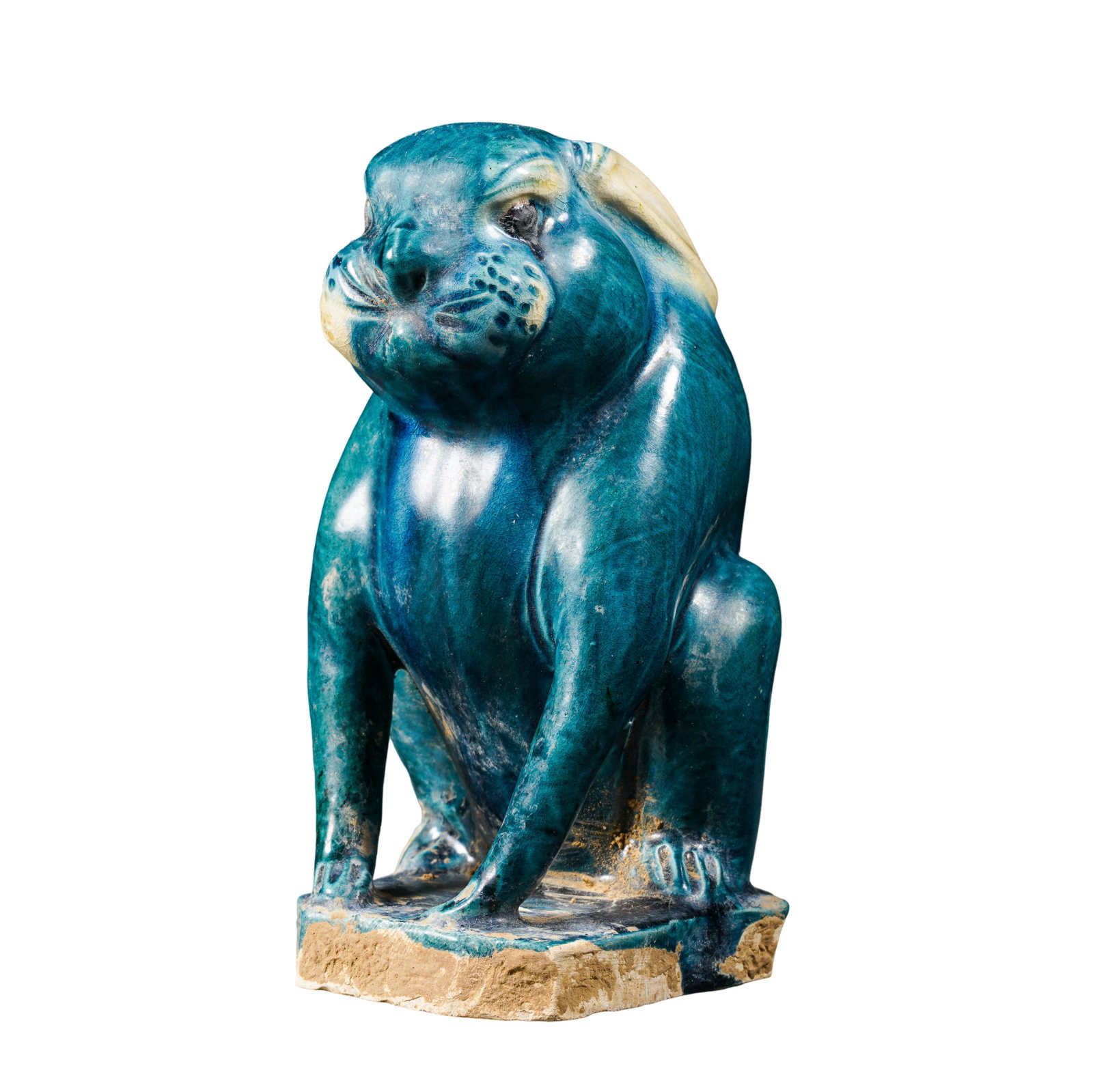 Ming Dynasty Fahua Peacock Blue Glazed Auspicious Beast Sculpture (15th–16th Century): Dimensions: Height 11.6 cm (approximately 4.6 in, approximately 0.38 ft); Ming Dynasty 15th–16th century Fahua glazed ceramic sculpture?Condition and Provenance: The sculpture remains intact with no