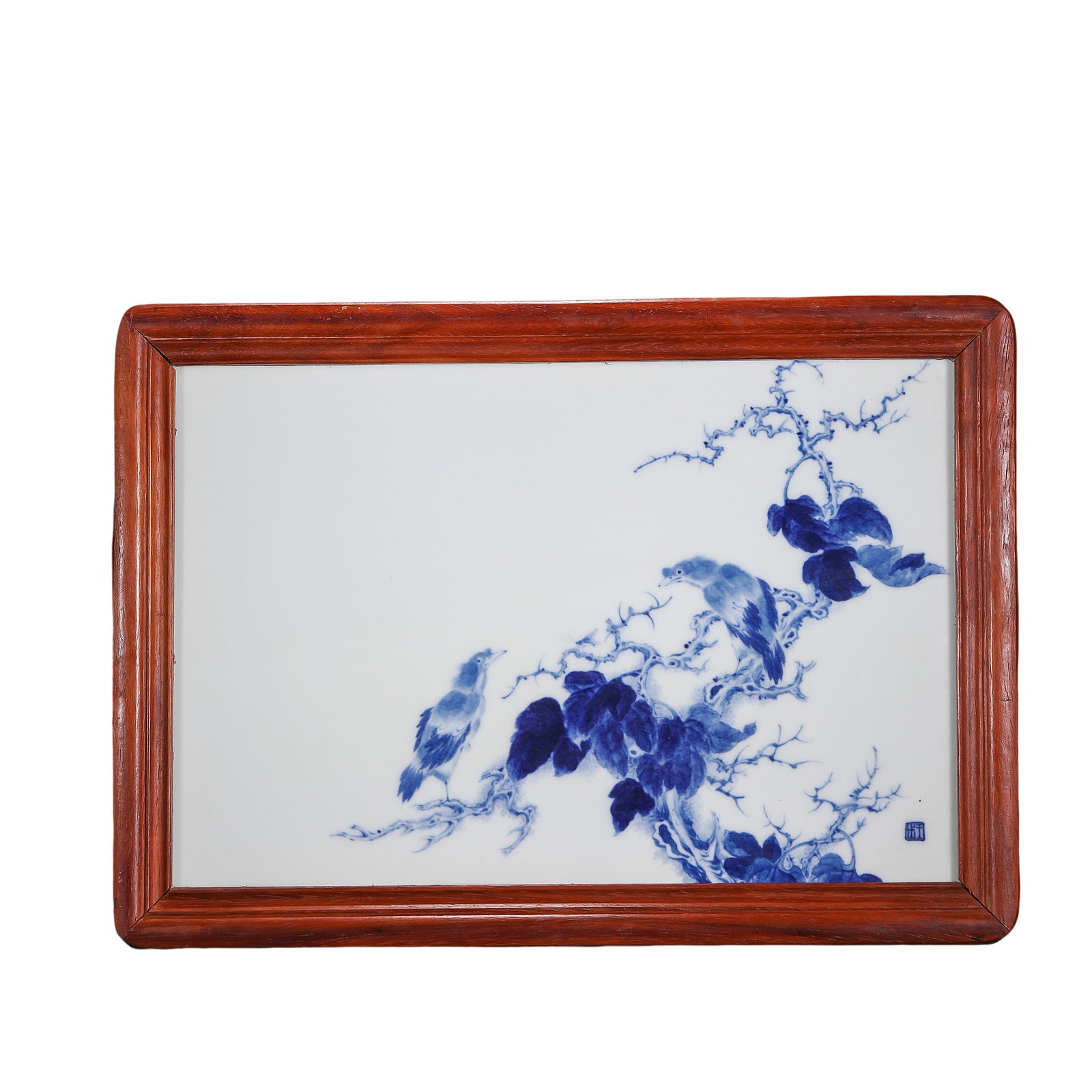 Republic Period (20th Century) Blue and White Porcelain Plaque with Birds on Old Branches, Original: Dimensions: Approx. H 29 cm × W 41 cm (Approx. 11.4 × 16.1 inches; Approx. 0.95 × 1.35 feet), 20th Century?Condition & Provenance: Overall in good condition. The porcelain plaque remains intact wit