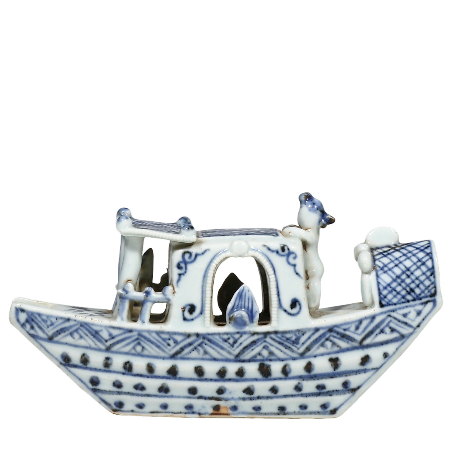 Yuan Blue?and?White Porcelain Boat Sculpture: Dimensions?H.9 cm. W.15 cm., 14th?century Yuan Dynasty Condition & Provenance?The vessel remains intact without cracks; minor age wear on the molded figure, no chips or breaks. Natural cobalt tone, we