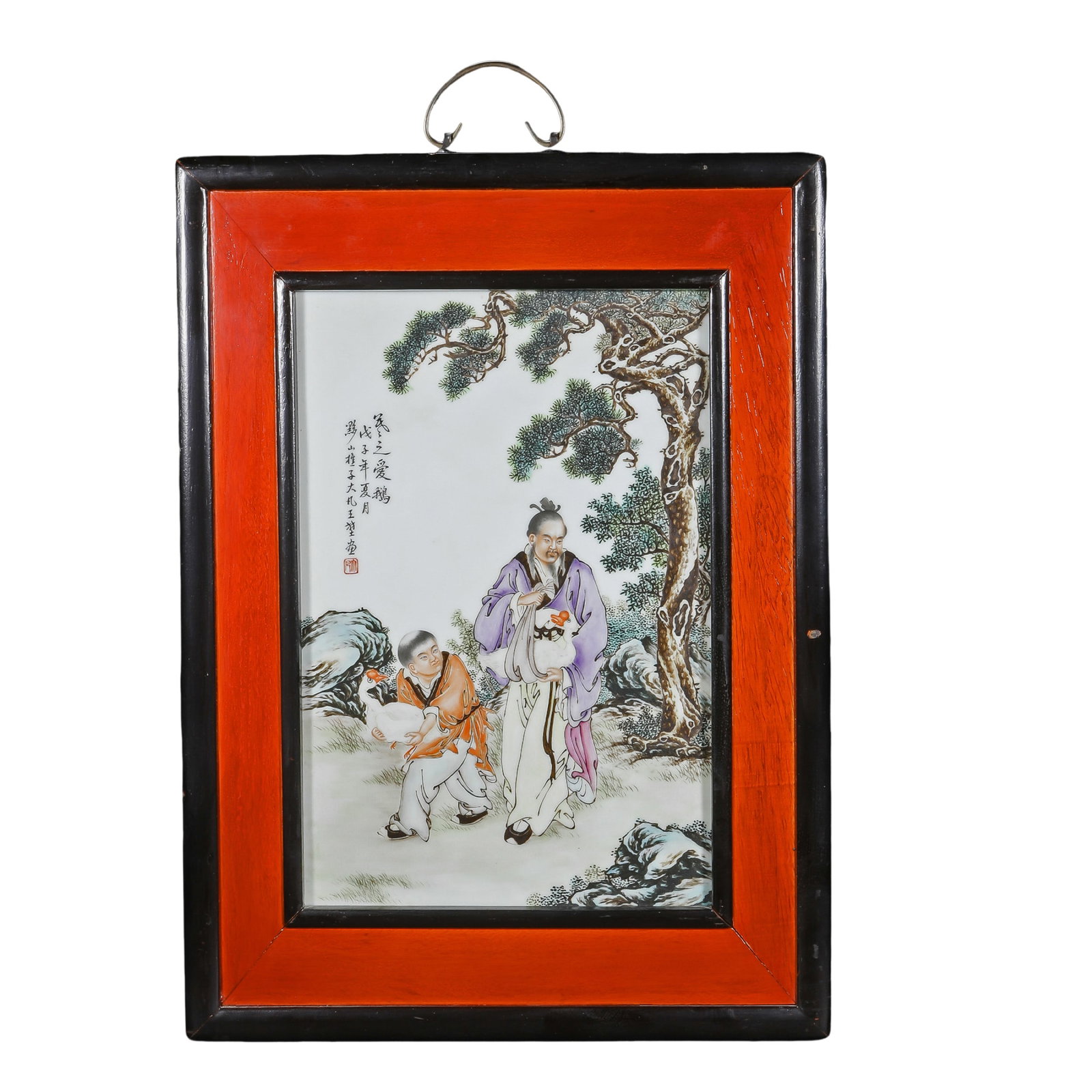 Famille Rose Porcelain Plaque Depicting “Wang Xizhi Admiring Geese,?? Attributed to Wang Dafan: Dimensions: Porcelain plaque 51.5 cm high (approximately 20.28 inches, 1.69 feet) and 37.5 cm wide (approximately 14.76 inches, 1.23 feet); 20th century, Republic period?Condition & Provenance: The po