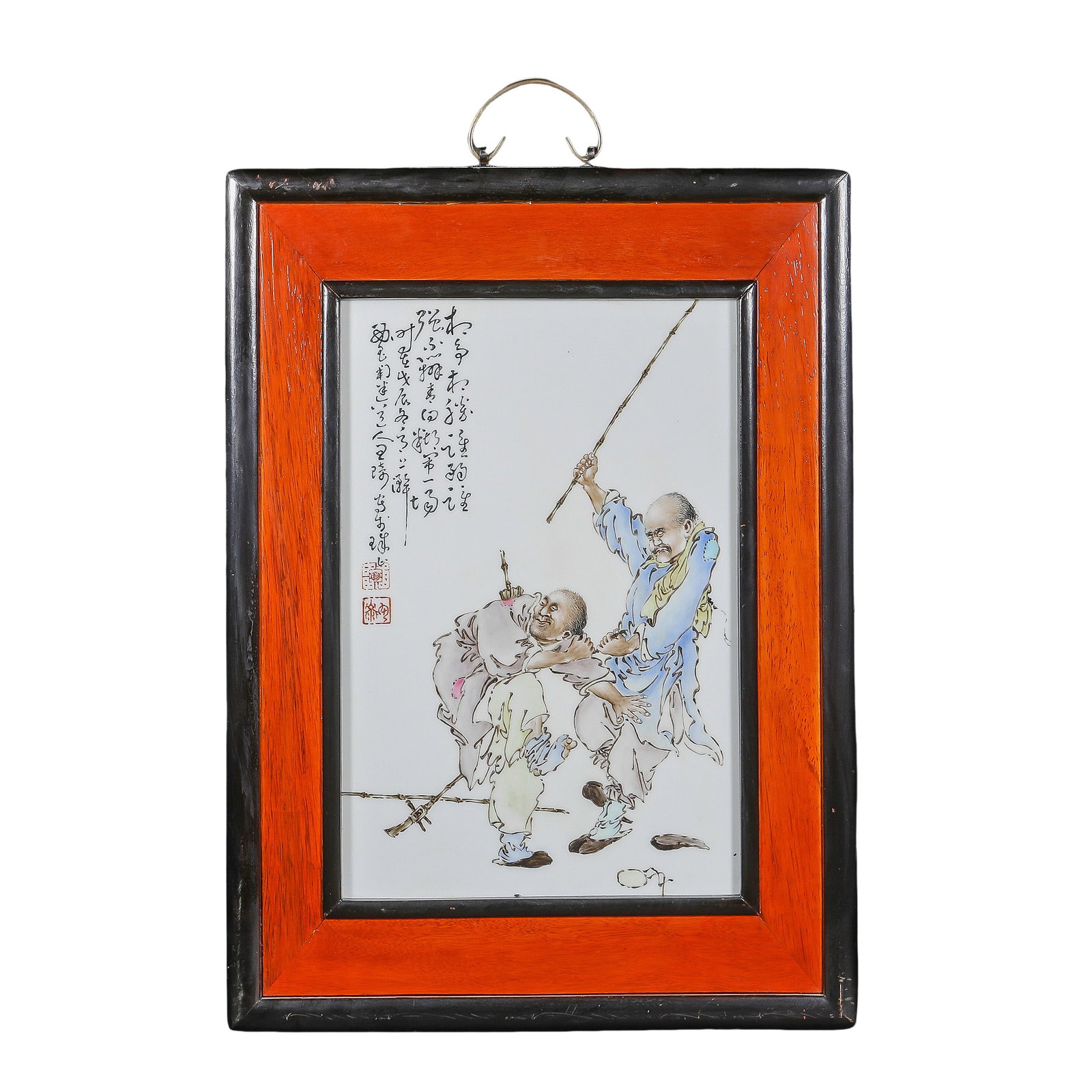 Wang Qi Famille Rose Porcelain Plaque Depicting a Genre Scene with Common Figures (Republic of China: Dimensions: Porcelain plaque 51.5 cm high (approximately 20.28 inches, 1.69 feet) and 37.5 cm wide (approximately 14.76 inches, 1.23 feet); 20th century, Republic period?Condition & Provenance: The po