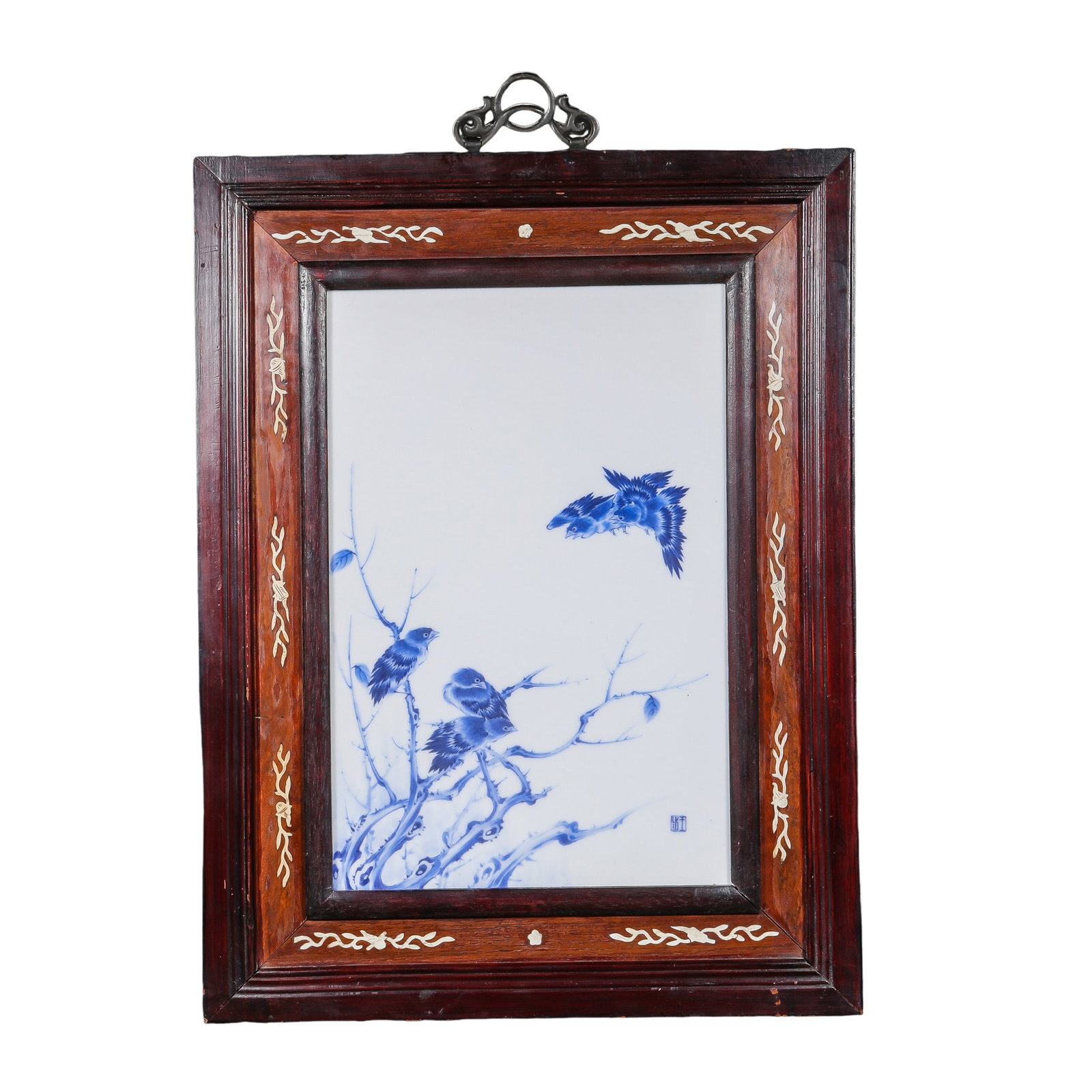 Blue and White Porcelain Panel Depicting Birds on Withered Branches with Original Bone-Inlaid: Dimensions: H 53 cm × W 40.5 cm (Approx. 20.9 × 15.9 inches, approx. 1.74 × 1.33 feet); 20th century?Material: White porcelain panel decorated with underglaze blue painting, fitted with an original
