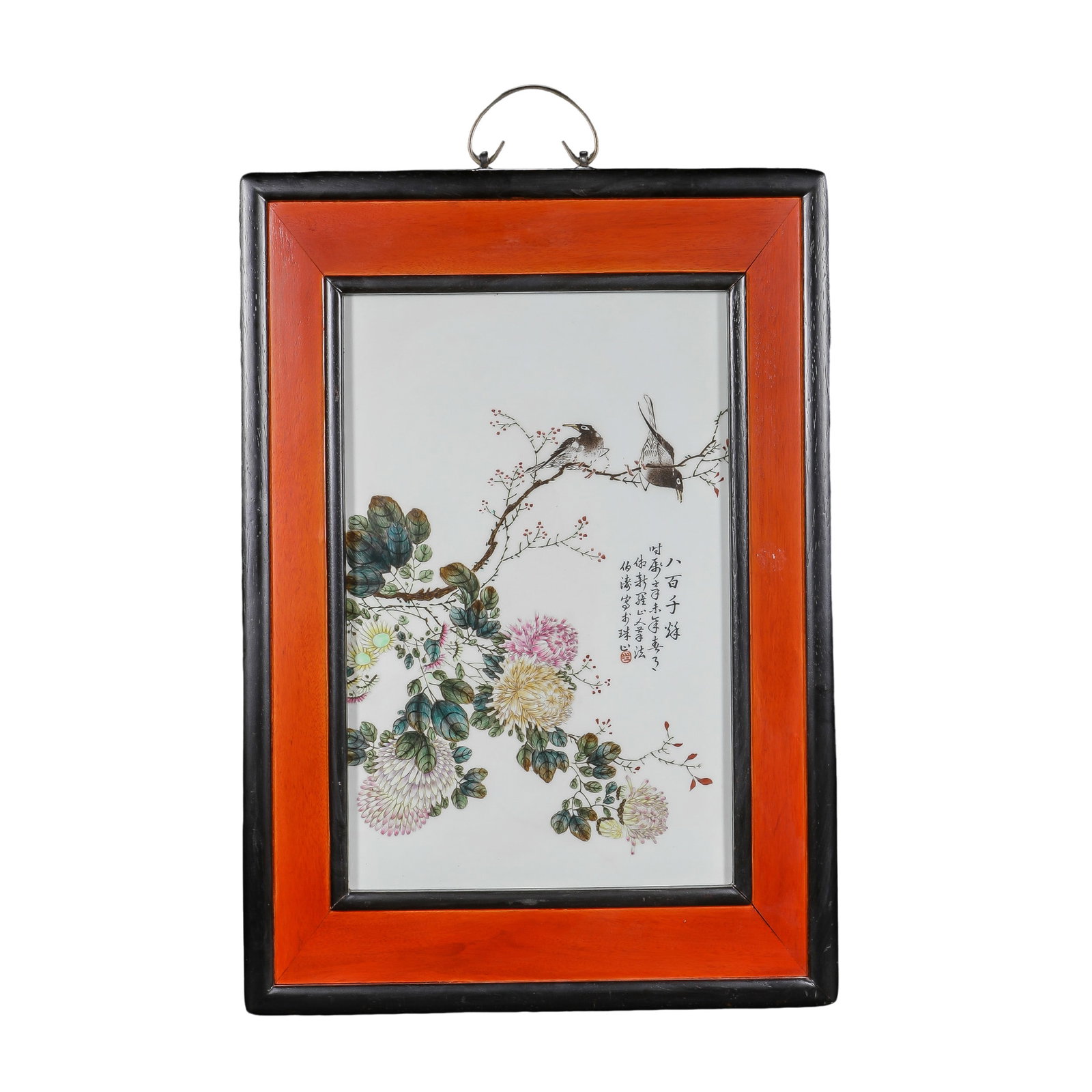 Republican Period (Early 20th Century) Famille Rose Porcelain Plaque with Chrysanthemums and Birds,: Dimensions: Overall height including the porcelain plaque and wooden frame: approx. 51.5 cm (20.3 inches, 1.69 ft); width approx. 36.5 cm (14.4 inches, 1.20 ft). Early 20th century, Republican Period.