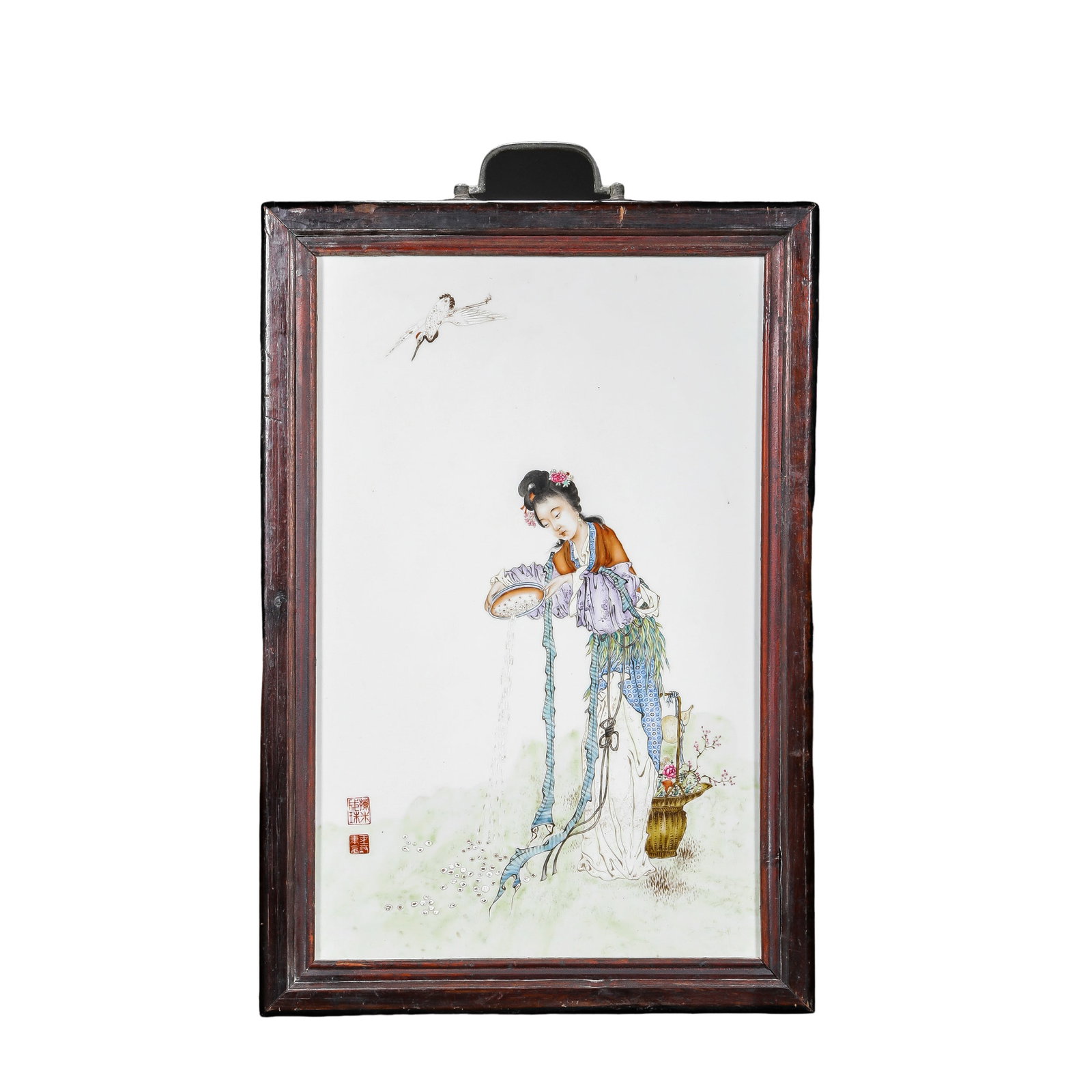 Famille Rose Porcelain Plaque with “Magu Presenting Longevity?? Scene, Original Wooden Frame with: Dimensions: Approx. H 47 cm (18.5 in, 1.54 ft), W 31.5 cm (12.4 in, 1.03 ft); 20th Century?Condition and Provenance: The porcelain plaque is preserved in good condition, with stable enamels and no vis
