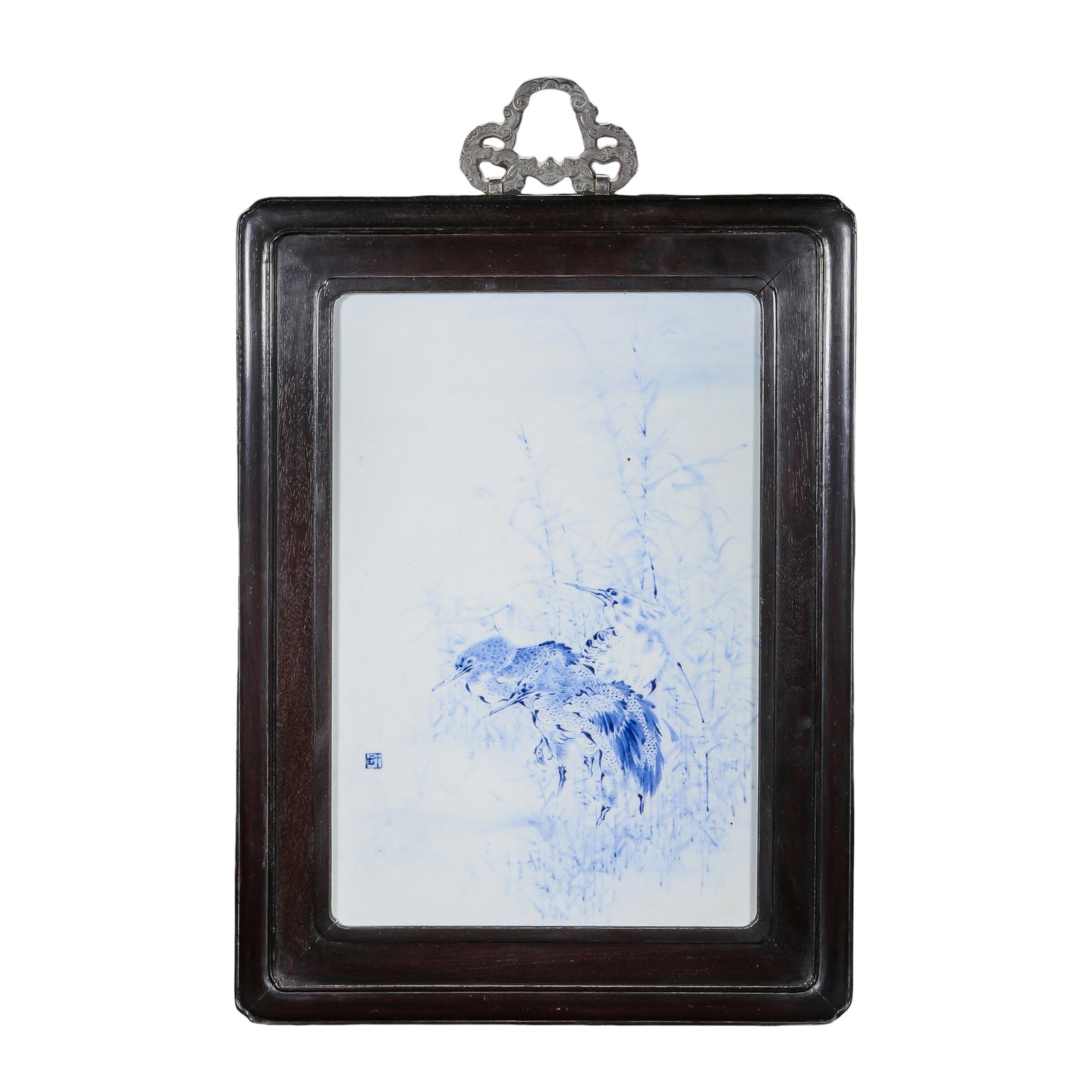 Blue and White Porcelain Plaque Depicting Three Egrets in a Reed Pond, with Original Rosewood Frame: Dimensions: Approx. H 47.5 cm (18.7 in, 1.56 ft), W 35 cm (13.8 in, 1.15 ft); 20th CenturyCondition and Provenance: The porcelain plaque is preserved in good condition, with a clean white glaze and st