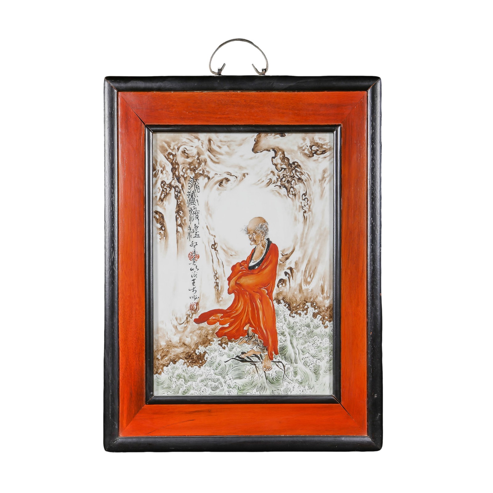 Famille Rose Porcelain Plaque Depicting Bodhidharma Crossing the River on a Reed with Original: Dimensions: Approx. 51 cm H × 38 cm W (Approx. 20.1 in H × 15 in W; Approx. 1.67 ft H × 1.25 ft W), 20th CenturyCondition & Provenance: The porcelain plaque is in good condition, with a clean white