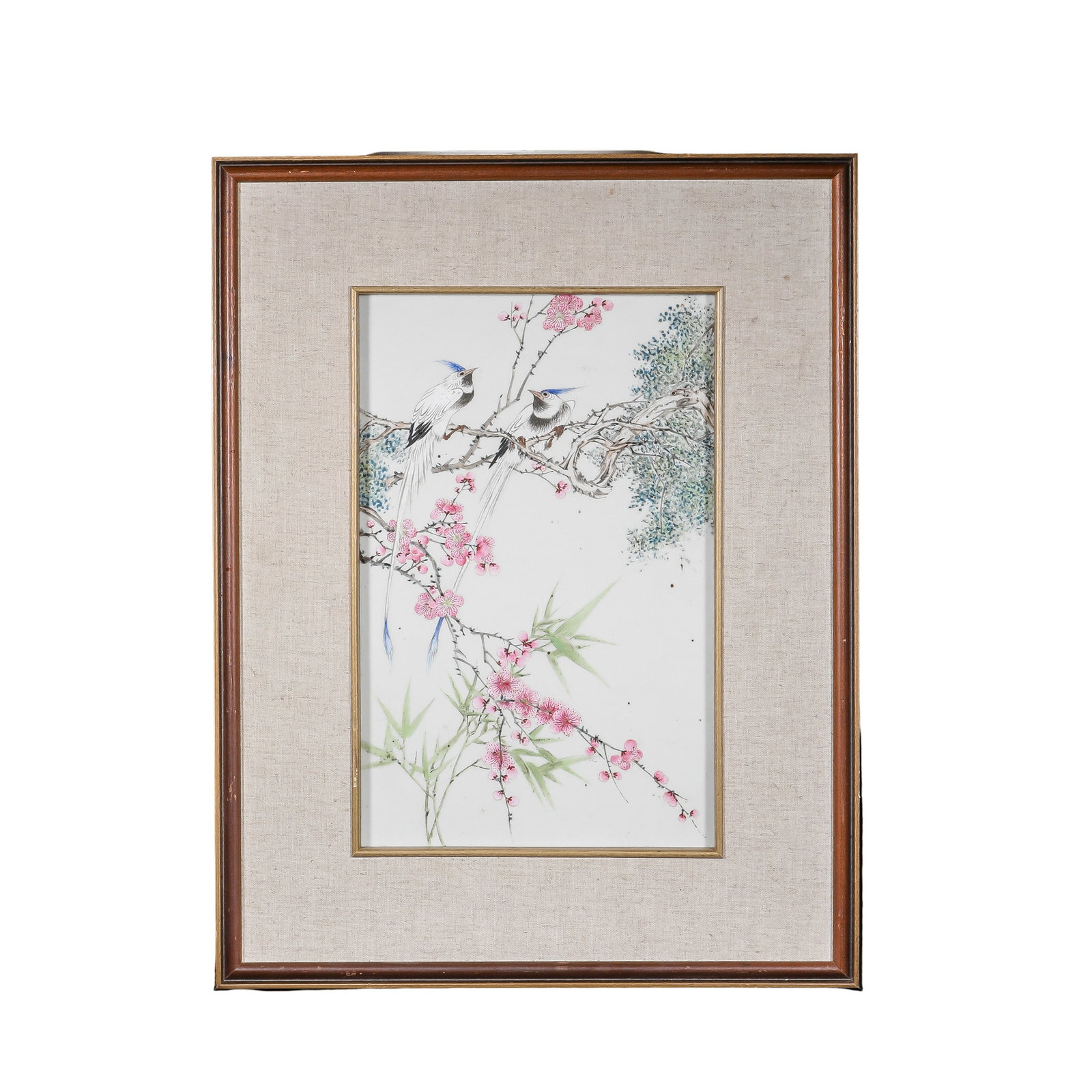 Famille Rose Porcelain Plaque Depicting Longevity Birds on Plum Branches with Bamboo, Later Mounted: Dimensions: Approx. 57 cm H × 44.5 cm W (Approx. 22.4 in H × 17.5 in W; Approx. 1.87 ft H × 1.46 ft W), 20th Century?The porcelain plaque is in good condition, featuring a clean white glazed surfac