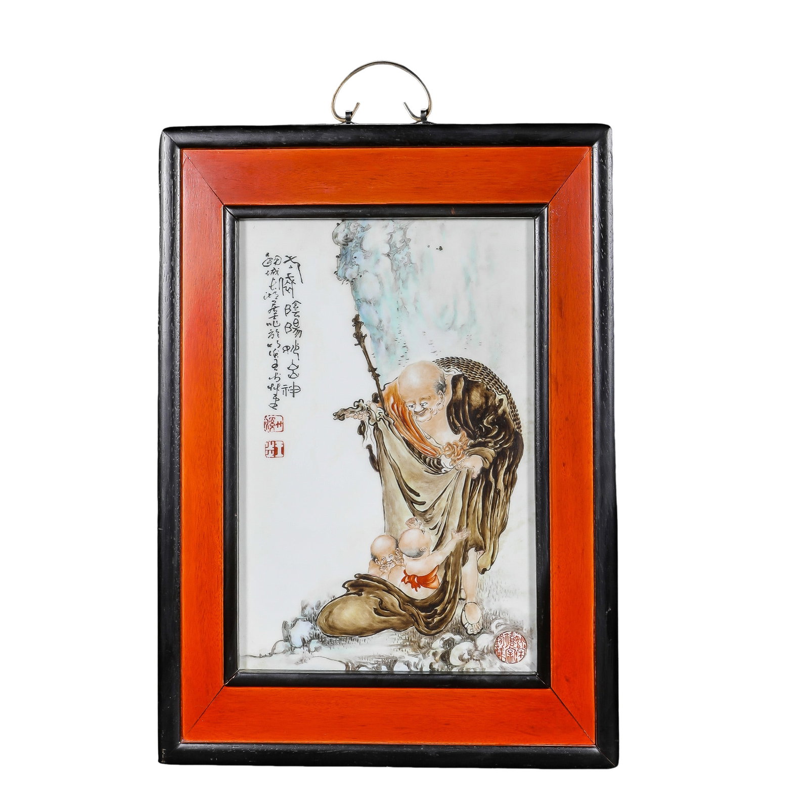 Famille Rose Porcelain Plaque Hanging Panel Depicting Budai Arhat Playing with Children (Republic: Dimensions: H 51 cm × W 36.5 cm (20th century; approx. 20.1 × 14.4 inches; approx. 1.67 × 1.20 feet)?Condition and Provenance: The porcelain plaque is in excellent condition. The glaze remains smoo