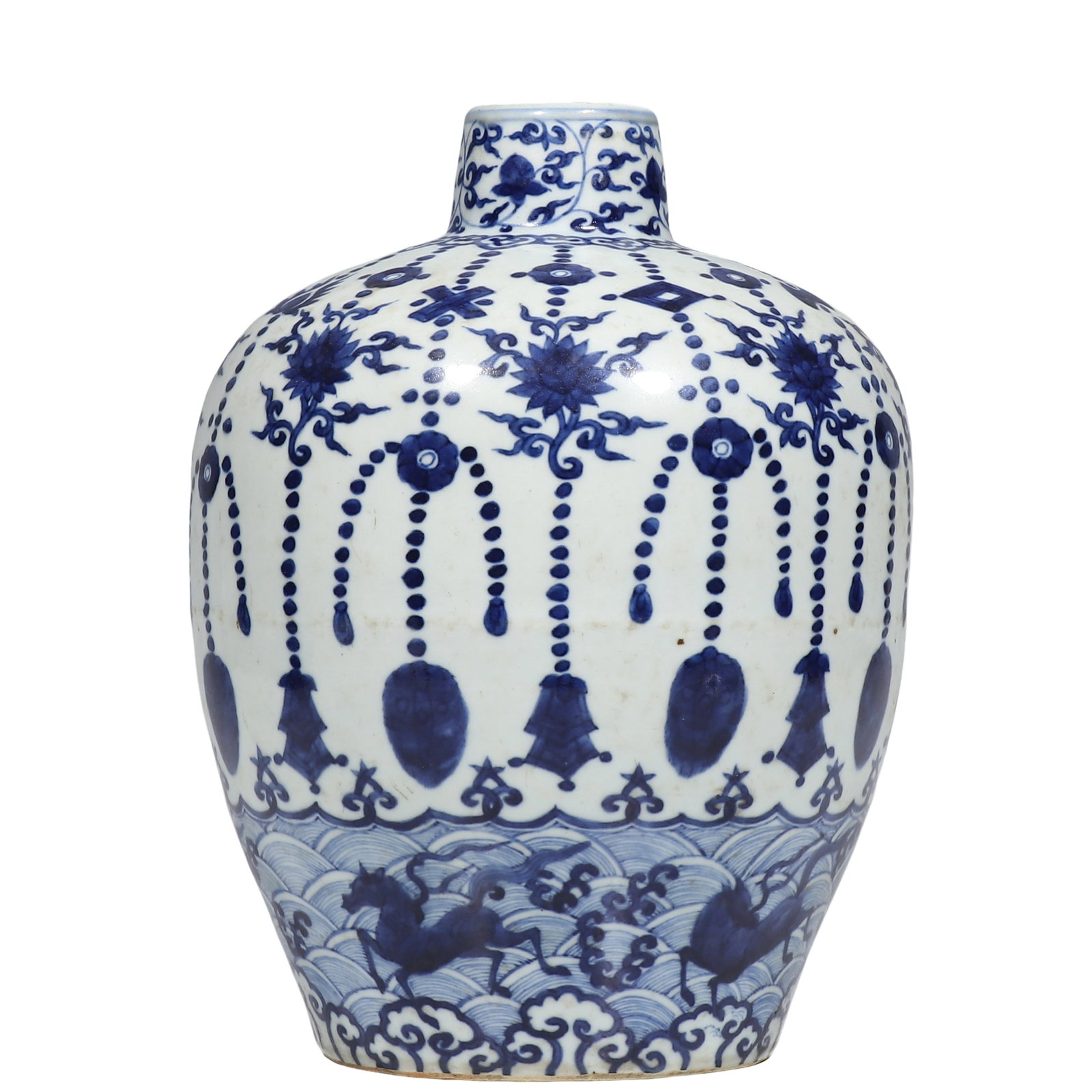 Ming Jiajing Mark Blue?and?White Meiping Vase With Necklace Ornament,Sea?horse & Wave: Dimensions?H.0.804 ft.?H.24.5 cm.? Condition & Provenance?The vase is fully intact without cracks or hidden hairlines,only faint age?related wear upon rim,minor historic dust patina across glaze surfa