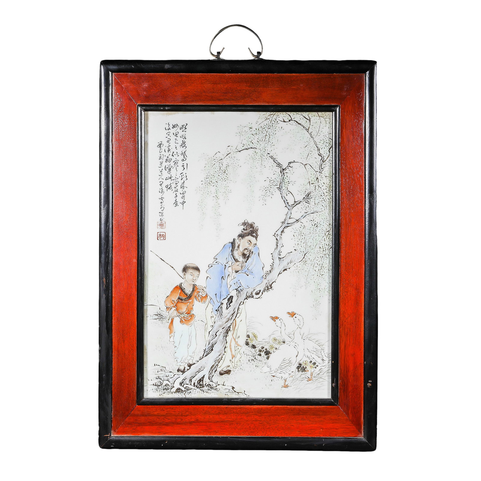 Famille-Rose Porcelain Plaque Hanging Panel Depicting Wang Xizhi Admiring Geese, with Original: Dimensions: 49 cm high × 42.5 cm wide (approx. 19.3 in × 16.7 in; approx. 1.61 ft × 1.39 ft)?Condition and Provenance: The piece is in good condition. The porcelain plaque retains a bright, smooth 