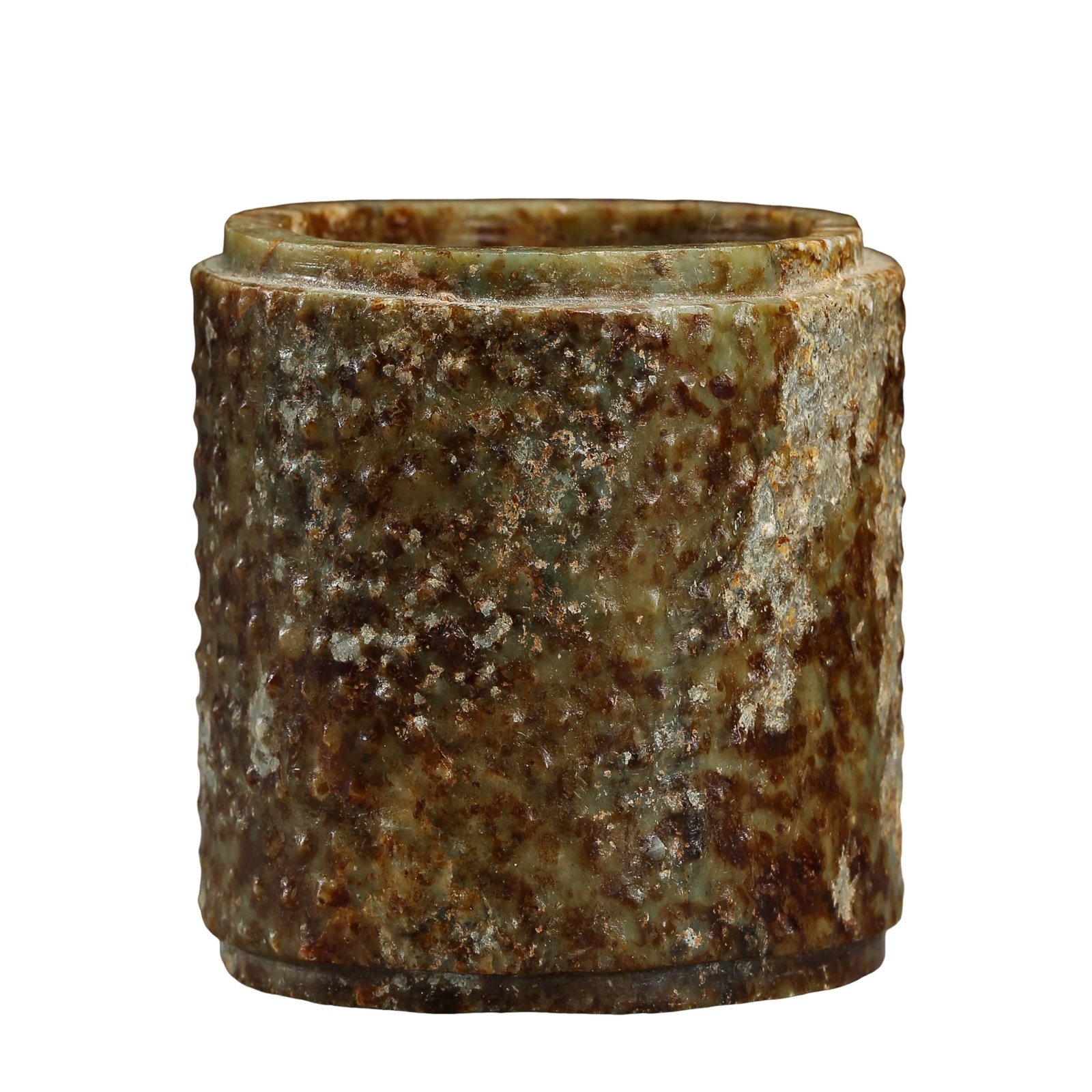 Han Dynasty Hetian Jade Grain Pattern Cylindrical Jade Vessel (Jade Tube) Period: Han Dynasty, 206: Dimensions and Weight: Height 6 cm (2.36 in, 0.20 ft), Diameter 5.8 cm (2.28 in, 0.19 ft), Weight 188 g; Han Dynasty period (3rd century BCE–3rd century CE)?Condition and Provenance: The piece remai