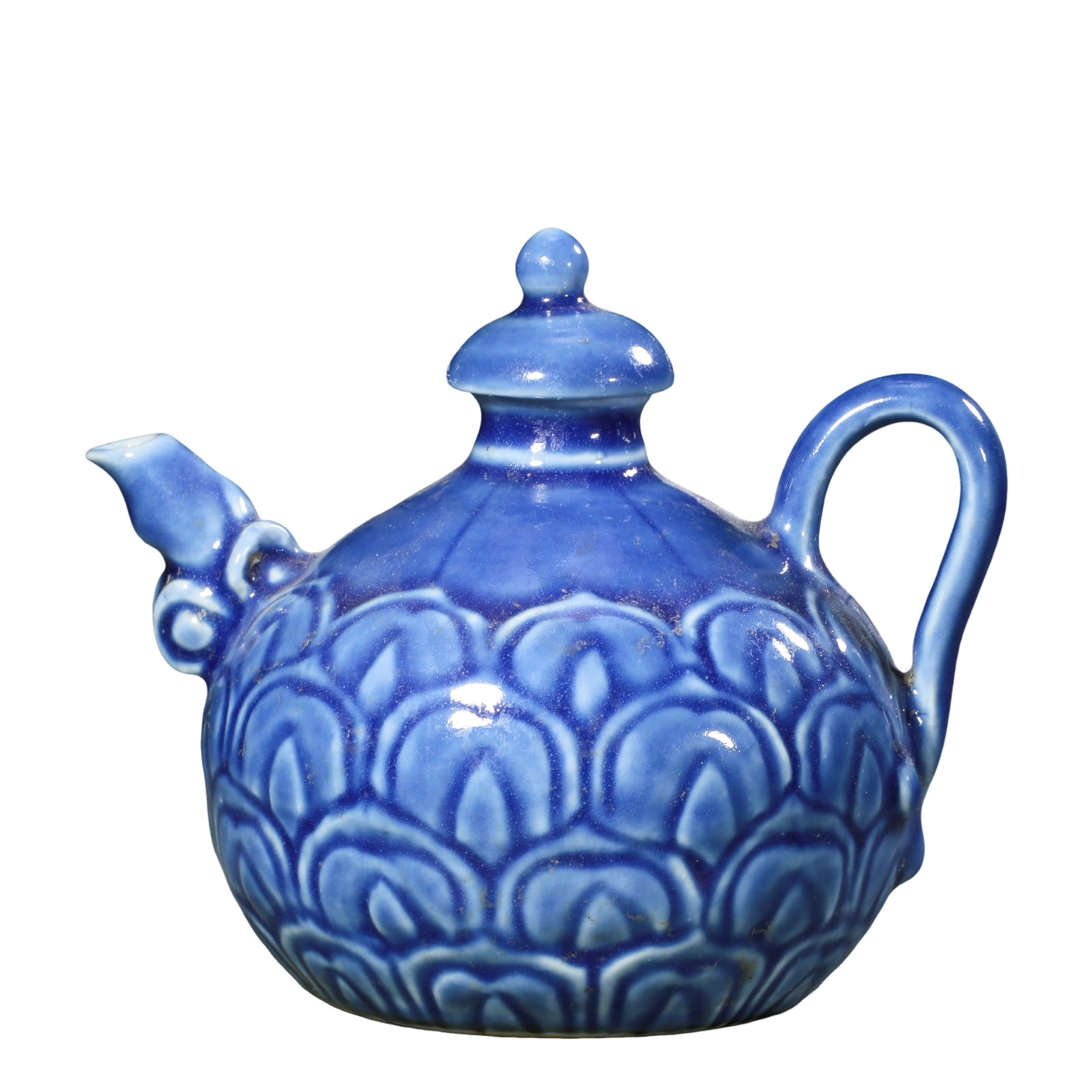 Ming Xuande Blue-Glazed Relief Lotus Petal Pattern Ewer with “Da Ming Xuande Nian Zhi?? Mark,: Dimensions and Weight: Height 12.4 cm (4.88 in, 0.41 ft), Width 14.5 cm (5.71 in, 0.48 ft); 15th century?Condition and Provenance: The ewer is well preserved with a complete form, and the original cov