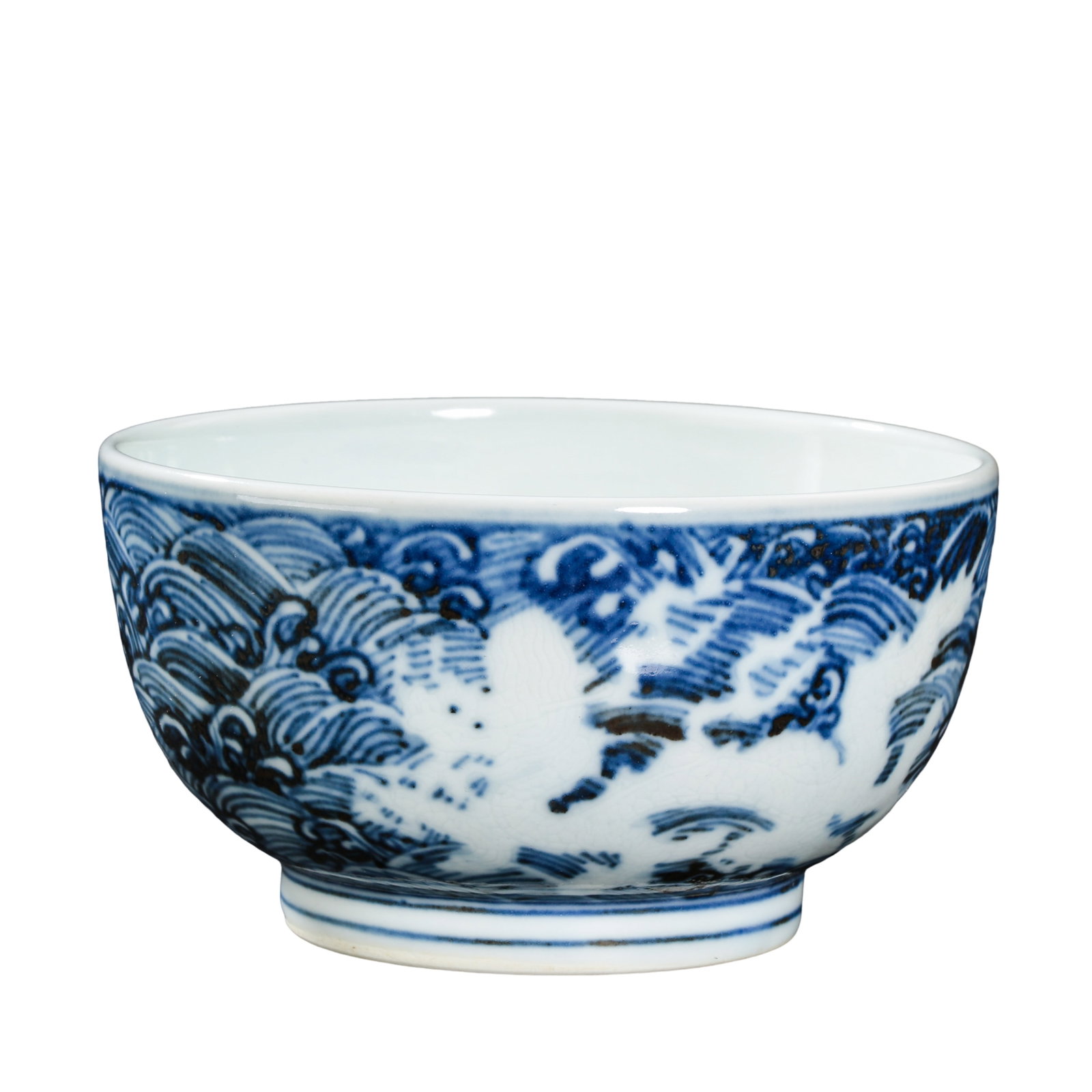 Ming Dynasty Xuande Period Blue and White Bowl with White Dragon Among Waves Design, Marked “Da (1 of 9)