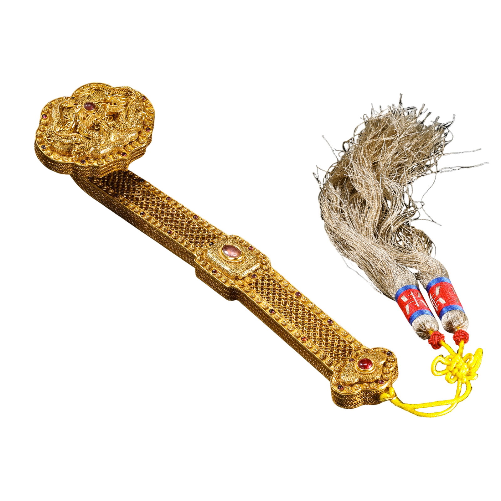 Gilt Silver Filigree Ruyi Scepter with Dragon and Phoenix Motifs and Gemstone Inlay, Qing Dynasty: Dimensions and Weight: Length 21 cm (approximately 8.3 in, approximately 0.69 ft), Weight 80 g (approximately 2.82 oz)?Condition and Provenance: The ruyi is preserved in excellent overall condition. T
