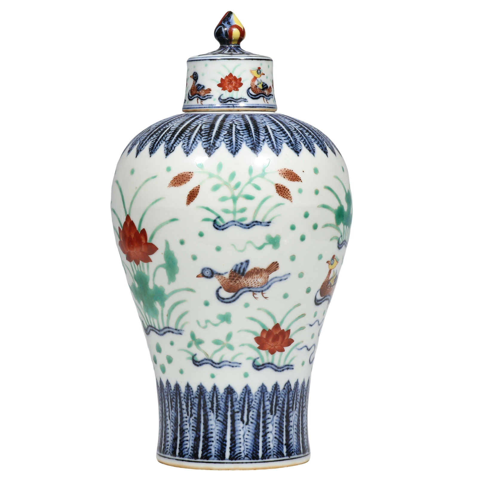 Ming Blue?and?White Wucai Meiping Vase with Mandarin?Duck?and?Lotus?Pond Motifs, Ming: Dimensions?H.0.951 ft.?H.29 cm.? Condition & Provenance?Vase and original cover are complete as a set,free of cracks and hidden hairlines. Mouth rim and cover rim show only minor age?related wear,no c