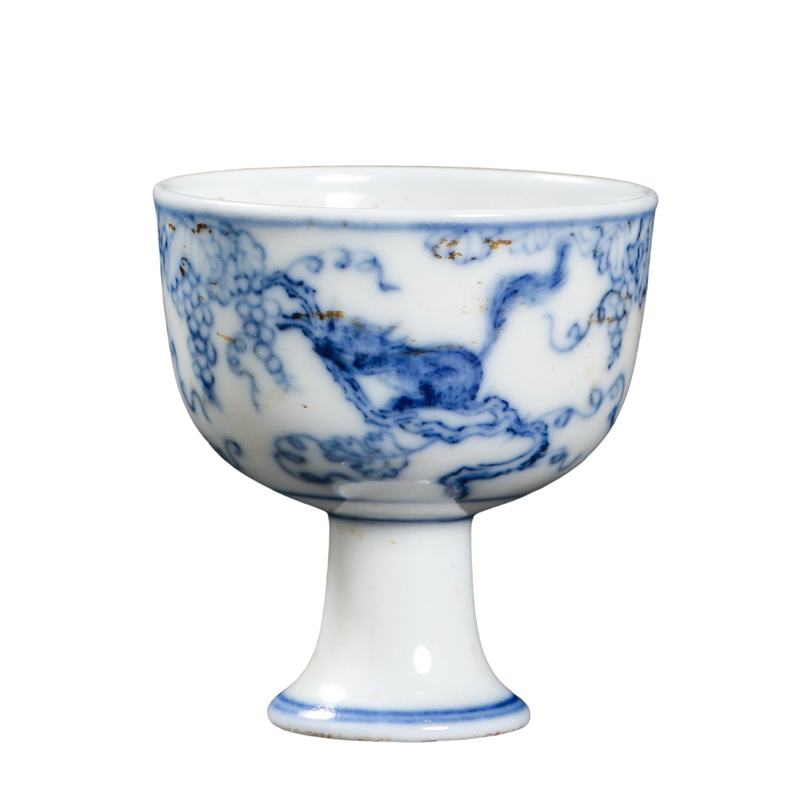Qing Dynasty Blue and White Stem Cup with Squirrel and Grape Decoration, Yongzheng Period, 18th: Dimensions & Weight: Rim diameter 3.6 cm (approx. 1.4 in, 0.12 ft); Height 4 cm (approx. 1.6 in, 0.13 ft)?Condition & Provenance: The cup is preserved in good overall condition, with clear blue and wh
