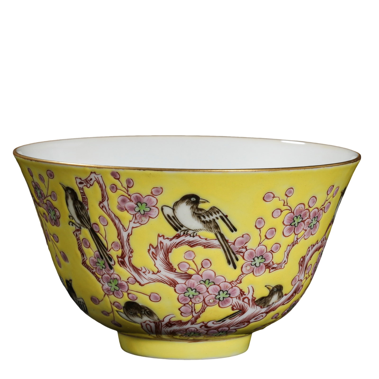 A Fine Yellow-Ground Famille-Rose “Magpies and Plum Blossoms?? Bowl, Tongzhi Mark and Period, (1 of 8)