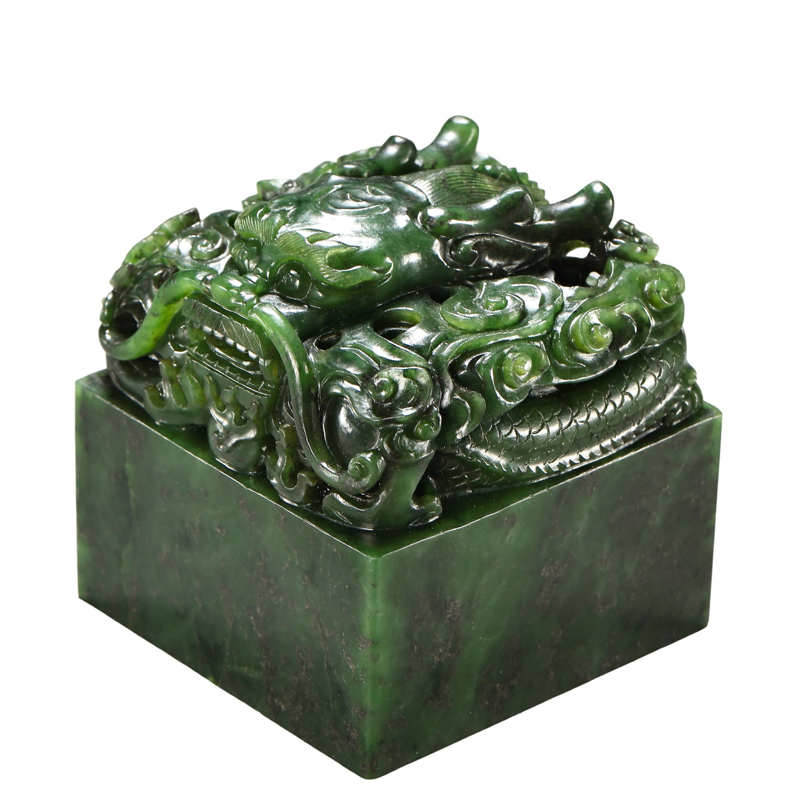 Qianlong Period (1736–1795, 18th Century) Hetian Jade Imperial Seal with Coiled Dragon Finial and: Dimensions: H. 9 cm (3.5 in / 0.30 ft), W. 8.5 cm (3.3 in / 0.28 ft), Weight: 1154 g (40.7 oz), 18th Century Qing Imperial Jade Seal?Condition & Provenance: Overall in good condition with well-preserv