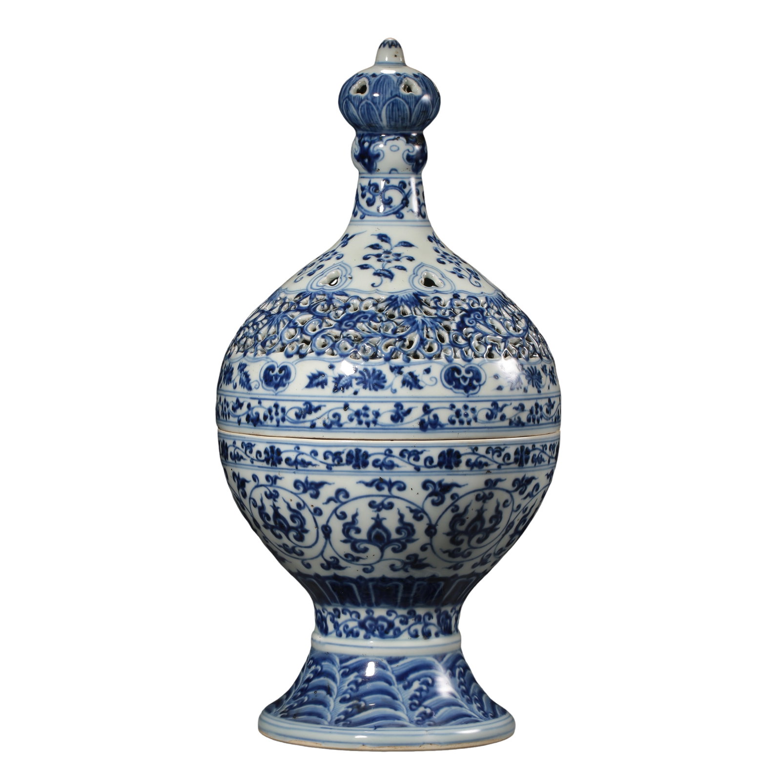 Xuande Period (1426–1435, 15th Century) Blue and White Openwork Floral Scroll High-Foot Censer: Dimensions: H. 38 cm (15.0 in / 1.25 ft), W. 18.5 cm (7.3 in / 0.61 ft), 15th Century Ming Xuande Imperial Blue and White Porcelain?Condition & Provenance: Overall in good condition with a well-preser