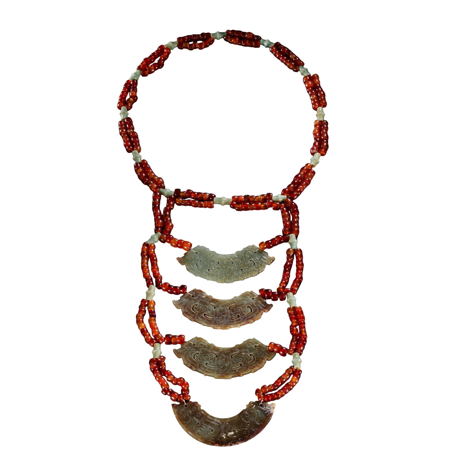 Warring States Period Hetian Jade Four-Pendant Ritual Necklace Set with Jade Plaques, Agate Beads: Dimensions: Overall length 54 cm (21.3 in / 1.77 ft), Width 25 cm (9.8 in / 0.82 ft), Jade pendant length approximately 11 cm (4.3 in), Weight: 456 g (16.1 oz), Warring States Period Ancient Chinese J