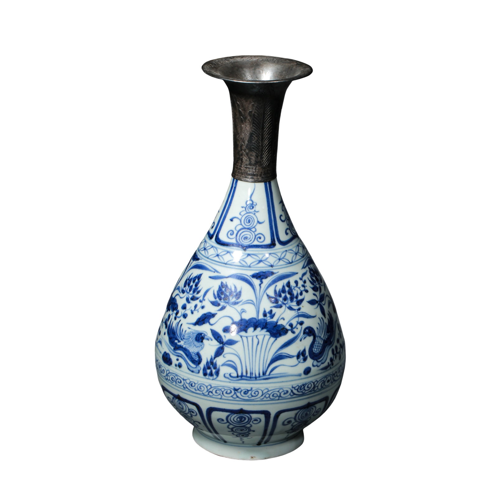 Ming Dynasty Blue and White Lotus Pond with Mandarin Ducks Yuhuchun Vase with Later Silver Repoussé: Dimensions: Height 30.7 cm (12.1 in / 1.01 ft), Mouth diameter 8.4 cm (3.3 in), Ming Dynasty 16th Century Blue and White Porcelain?Condition & Provenance: The vase is preserved in good overall conditi