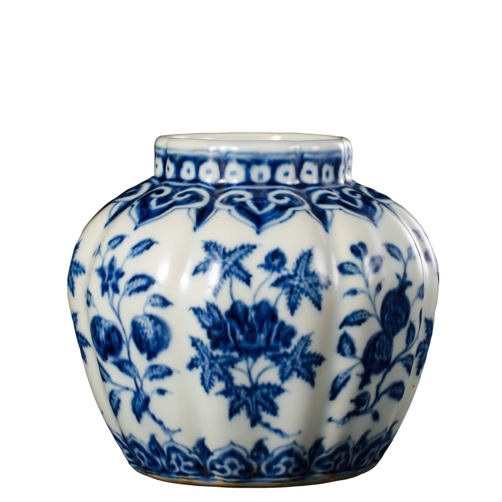 Xuande Period Blue and White Jar with Branch Floral and Fruit Decoration in a Ribbed Melon Form (1 of 8)