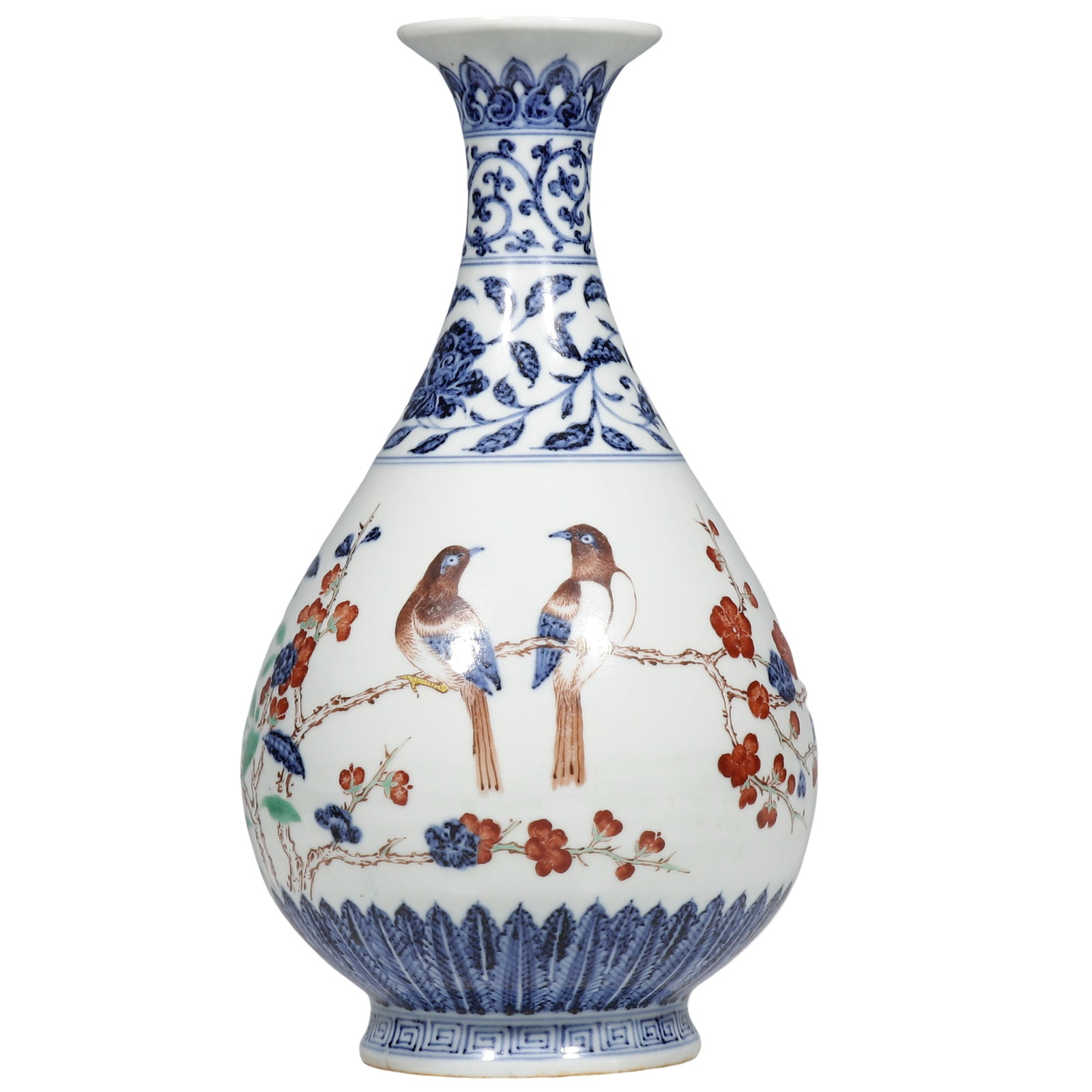 Ming Xuande Blue?and?White Wucai Yuhuchun Vase with Bird?and?Flower Motifs,Ming: Dimensions?H.1.017 ft.?H.31 cm.? Condition & Provenance?The vase remains fully intact,free of penetrating cracks and hidden fissures,the flared rim bears only faint age?related surface wear without ch