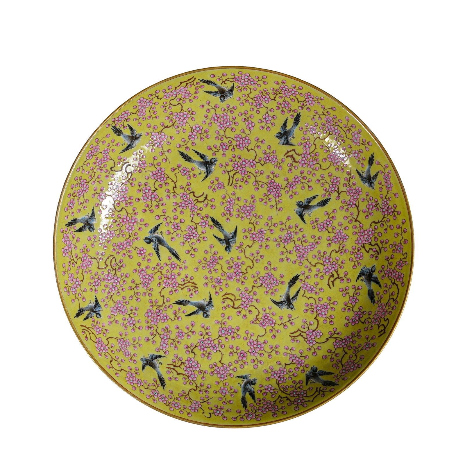 Tongzhi Period Yellow-Ground Famille-Rose “Magpies on Plum Blossoms?? Large Charger with: Dimensions: Diameter 28.7 cm (11.3 in / 0.94 ft); Qing Dynasty, Tongzhi Period (1862–1874, 19th Century)?Condition & Provenance: The charger is preserved in good condition with a well-maintained for