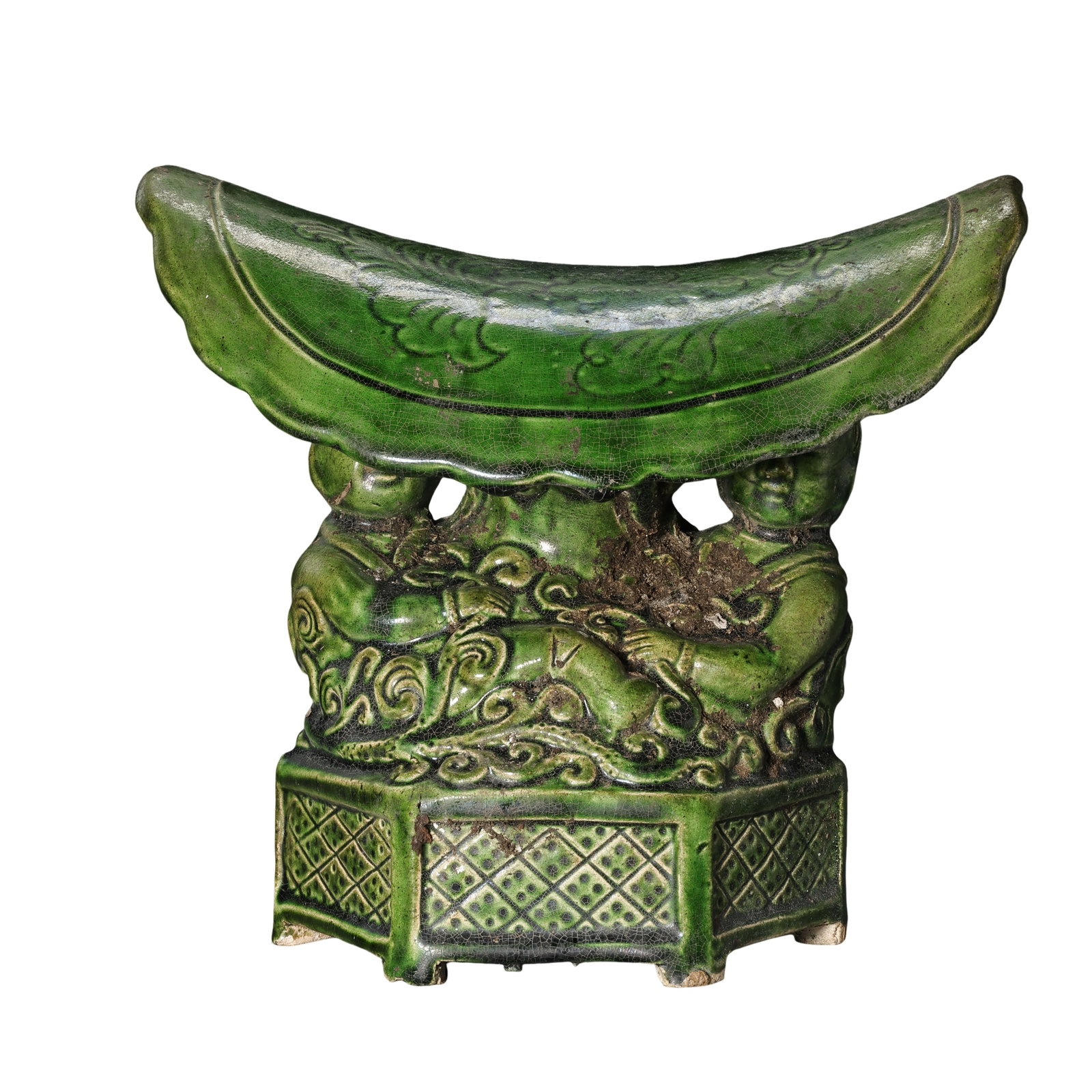 Green-Glazed Molded Ceramic Pillow with Two Children and Auspicious Dragon Decoration in Lotus Leaf: Dimensions: L. approx. 17 cm (6.7 in / 0.56 ft); H. approx. 15.5 cm (6.1 in / 0.51 ft); Northern Song Dynasty (11th Century)?Condition & Provenance: The pillow is preserved in good condition with a be