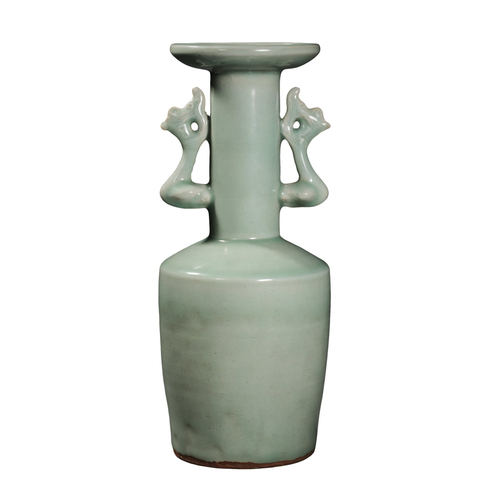 Southern Song to Yuan Dynasty Longquan Celadon Phoenix-Handled Dish-Mouth Vase with Fine Powder-Blue (1 of 11)