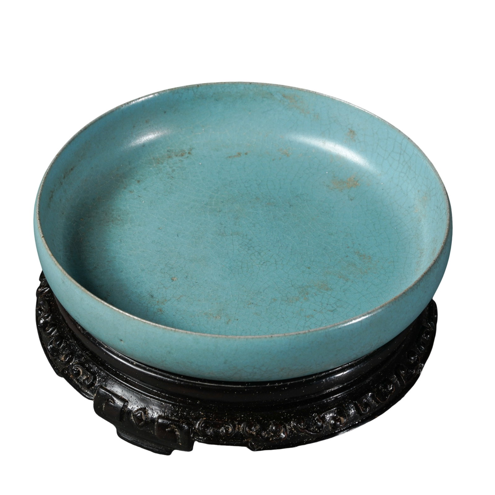 Northern Song Dynasty Ru Kiln Celadon “Ru Ware?? Sky-Blue Glazed Washer with Carved Hardwood: Dimensions: Dia. 10.3 cm (4.1 in); H. 2 cm (0.8 in); Northern Song Dynasty, late 11th–early 12th century?Condition & Provenance: The piece is preserved in good overall condition with a complete form