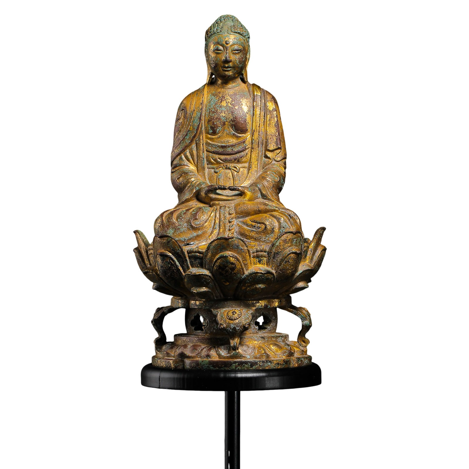 Ming Dynasty Gilt Bronze Seated Shakyamuni Buddha: Dimensions: Buddha H. 18.5 cm (7.3 in); W. 10 cm (3.9 in); Total height with stand H. 37 cm (14.6 in); Weight 1245 g; Ming Dynasty, 15th–16th century?Condition & Provenance: The sculpture is preserv