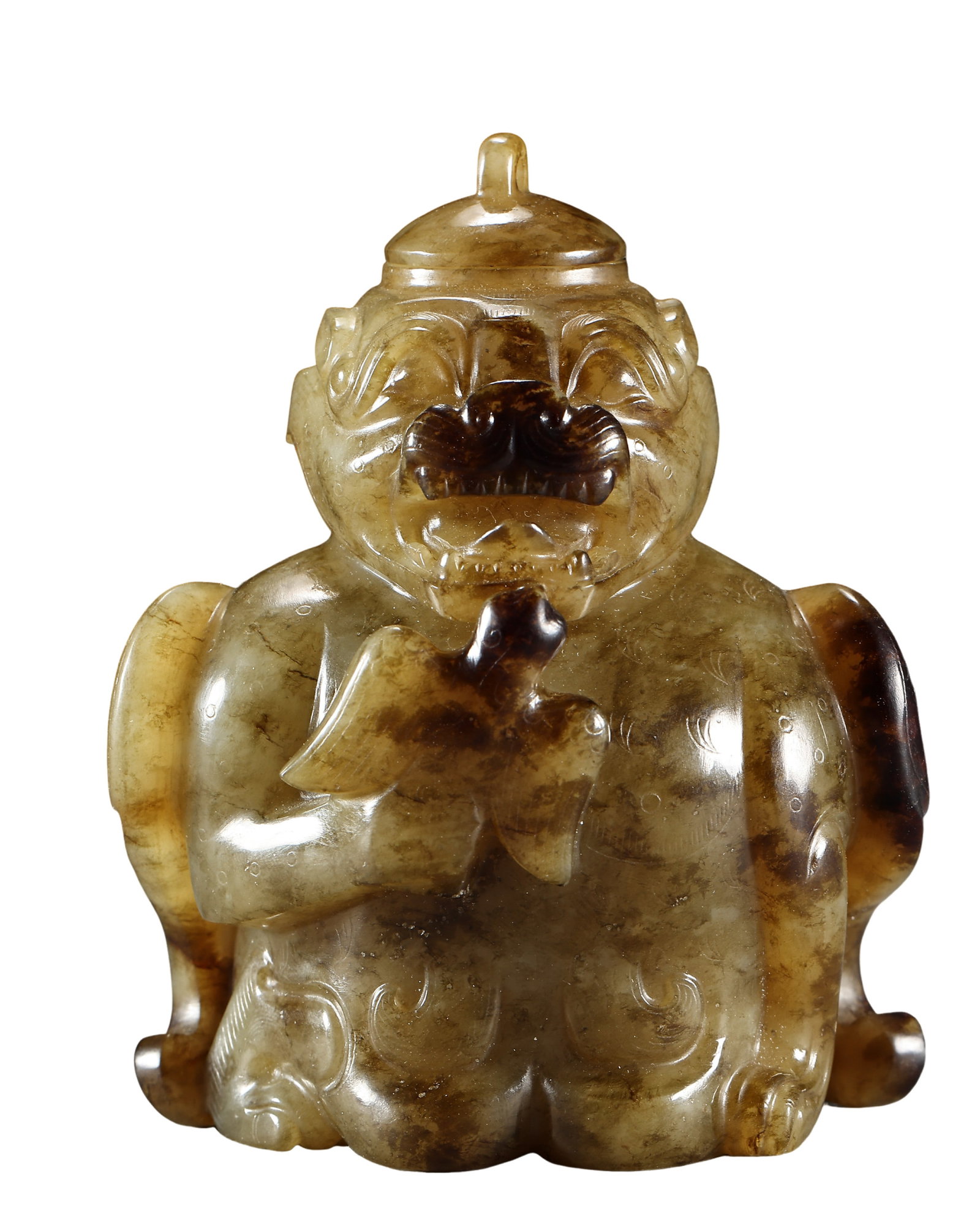 Han Dynasty Hetian Jade Bear Embracing Eagle Covered Vessel: Dimensions: Height 9 cm (3.54 in / 0.30 ft), Width 7.1 cm (2.80 in / 0.23 ft), Weight 234 g?Condition & Provenance: The piece is in good overall condition, carved from warm and finely textured Hetian 